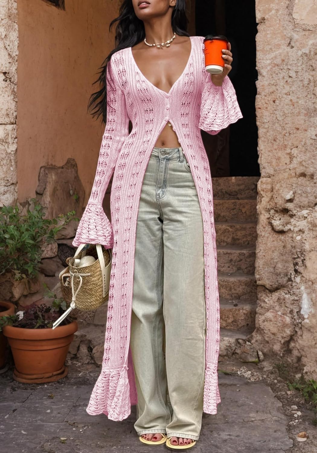 Unybwonn Long Cardigans for Women Crochet Hollow Out Knit Sweater Cover up Maxi Dress Long Sleeve Button Down Cardigan - Image 4