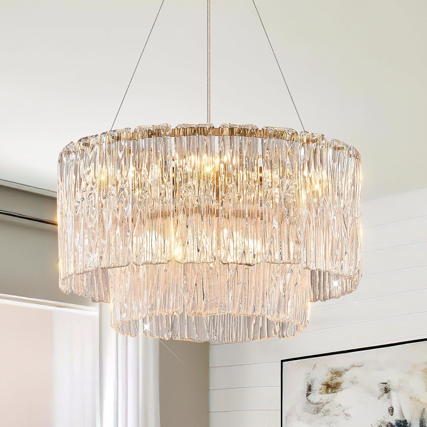 Modern Gold Chandeliers,20” Crystal Glass Pendant Ceiling Light Fixtures 7-Light Round Chandelier Luxury 2 Tiers Hanging Chandelier for Dining Room Foyer Living Room Bedroom Gold Round 20”