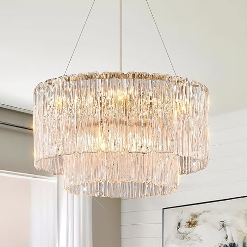 Miniatura 9 de Candelabros Dorados de 24" Candelabro Redondo de Cristal de Vidrio Moderno Lámpara Colgante de Techo Tipo Tambor de 10 Luces de Lujo de 2 Niveles