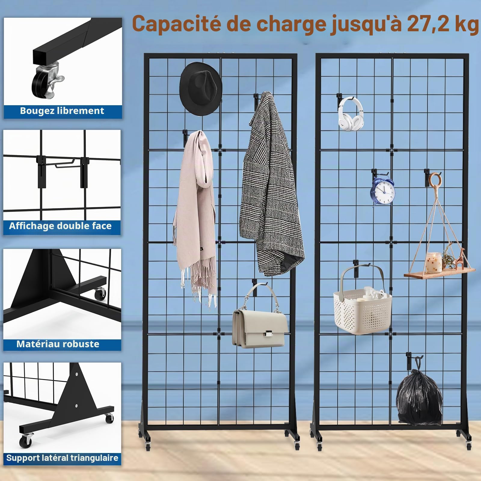 Grille d’Exposition sur Pied 65x172 cm – Présentoir Grille Métallique avec Roulettes, Panneau Grille Amovible avec Crochets pour Magasins, Marchés et Salons Artisanaux