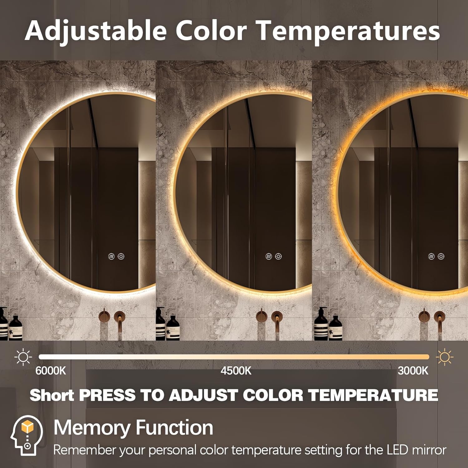 niccy round led mirror for bathroom, 30" backlit mirror for wall circle lighted mirror with gold frame anti-fog, 3 colors, hd glass and ip65 waterproof frame with gold 30"l x 30"w