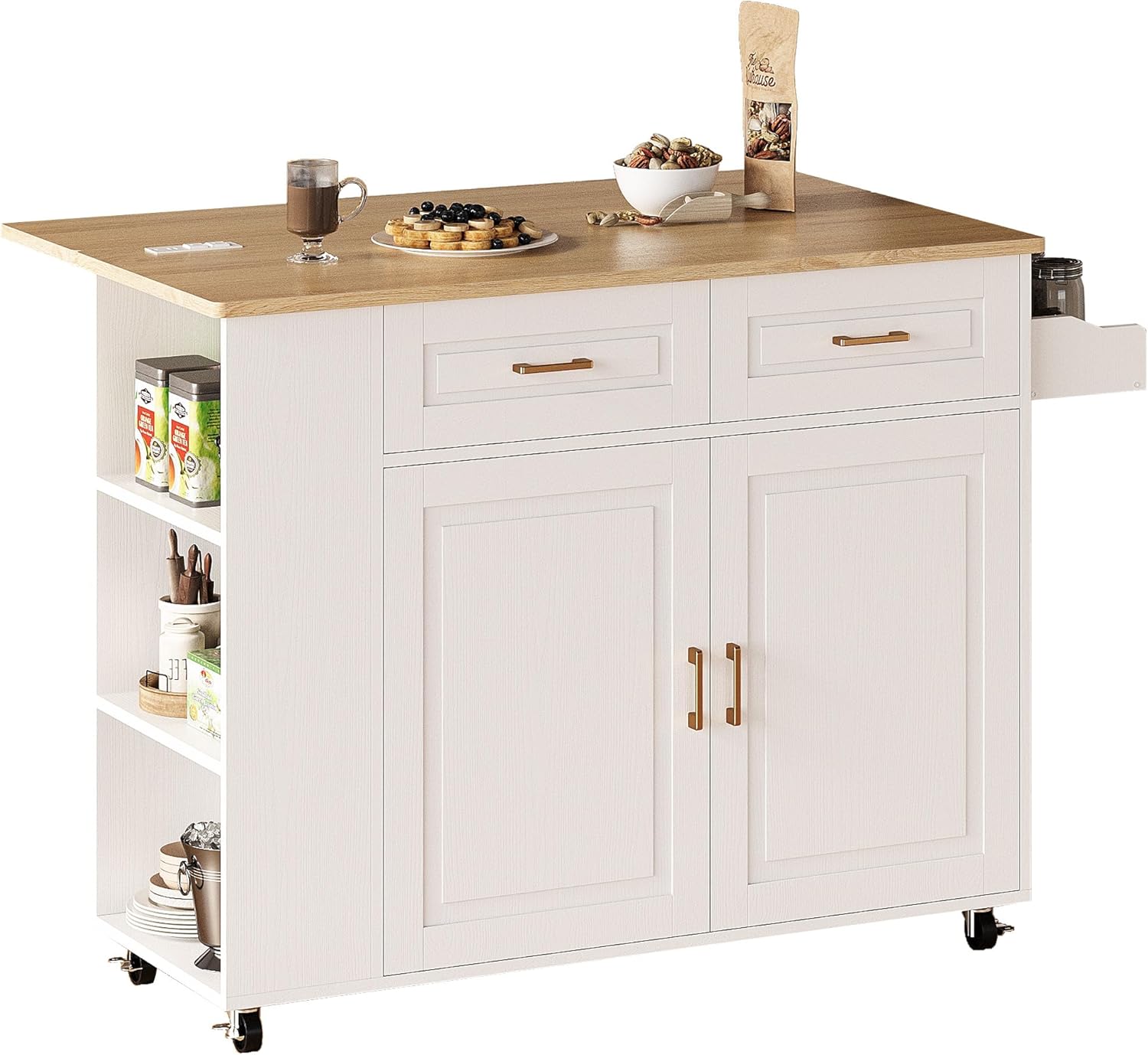 IRONCK Rolling Kitchen Island with Storage, Kitchen Cart Cabinet with Drop-Leaf & Charging Station Drawer & Shelves & Spice Rack 47" W x 30" D White