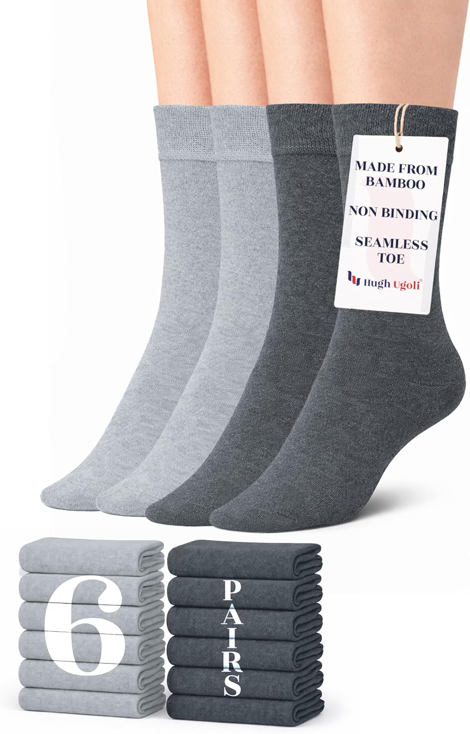 Hugh Ugoli Womens Crew Rayon Derived from Bamboo Dress Socks, Thin, Soft, Business Trouser Casual, Non-Binding, 3-6 Pairs