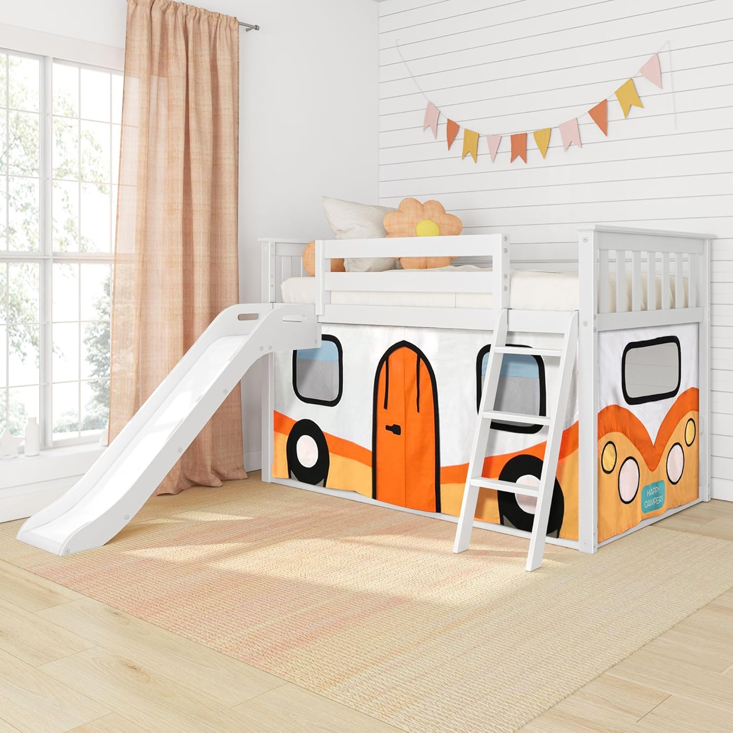 Max & Lily Low Bunk with Slide & Orange Camper Van Curtain, White