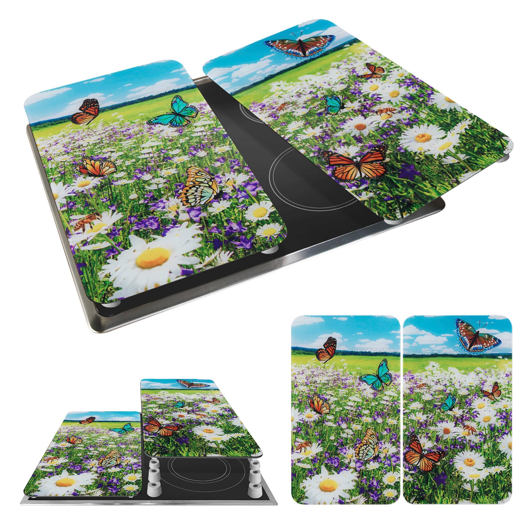 Maximex Hob Cover, Summer Meadow, Height-Adjustable Glass Cover Plate for All Hobs, Chopping Board & Splash Guard, Kitchen Glass, No Drilling, Ceramic Hob Cover 2-Piece