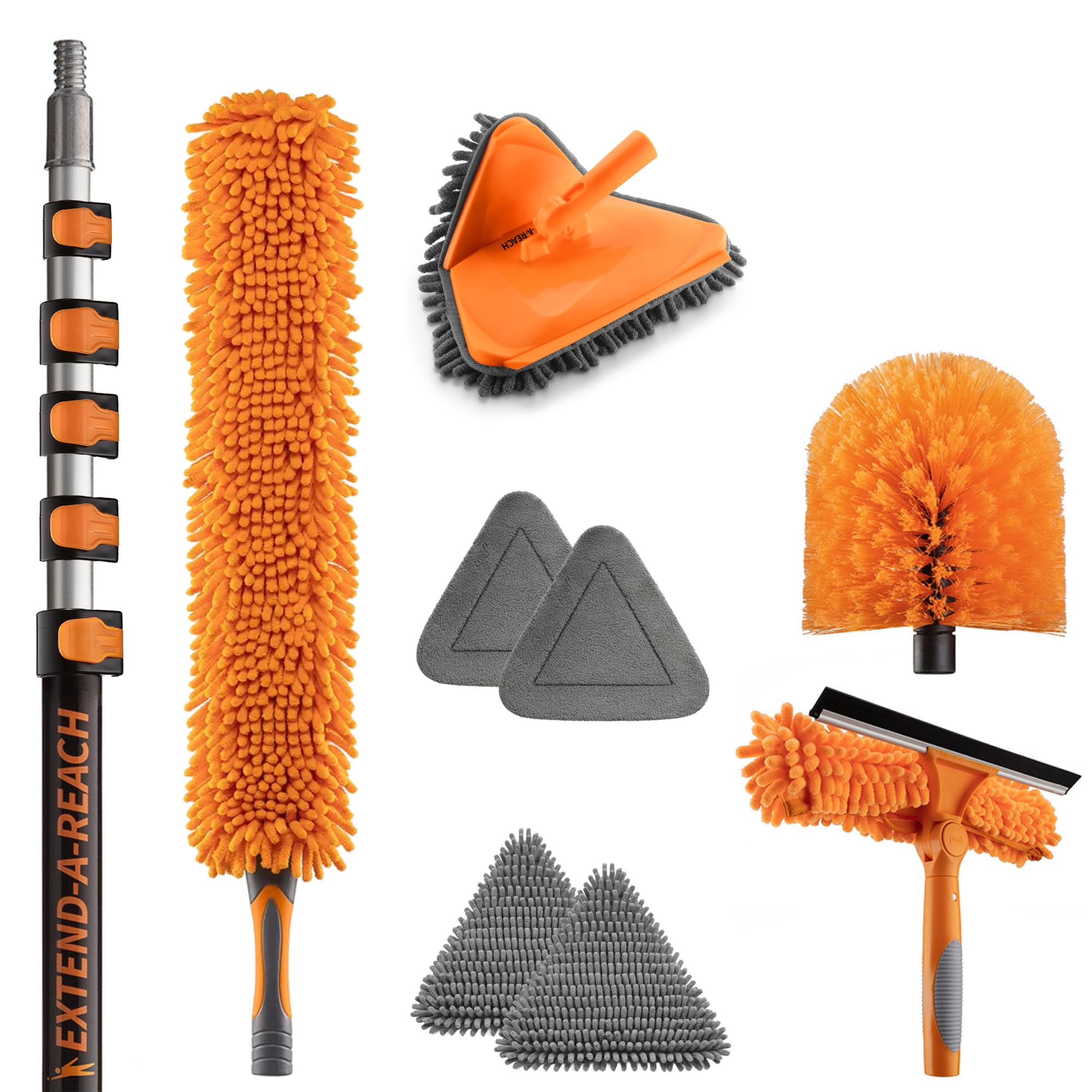 30 foot high reach duster kit with 5-24 ft extension pole // high ceiling dusting and window cleaning kit with telescopic pole // baseboard and wall washer mop, squeegee, fan blade & cobweb dusters(similar no same)
