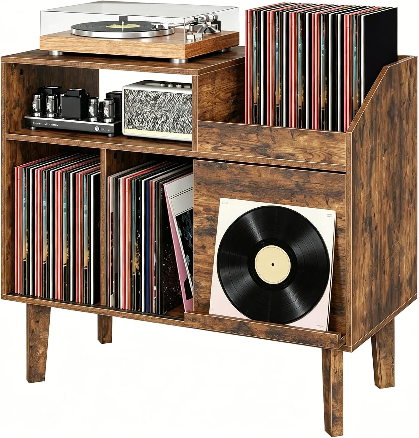 MAHANCRIS Record Player Stand, Large Turntable Stand Holds up to 250 Albums | Mid-Century Record Player Table Cabinet with Open Vinyl Storage and Display Shelf for Music Room, Living Room, Bedroom