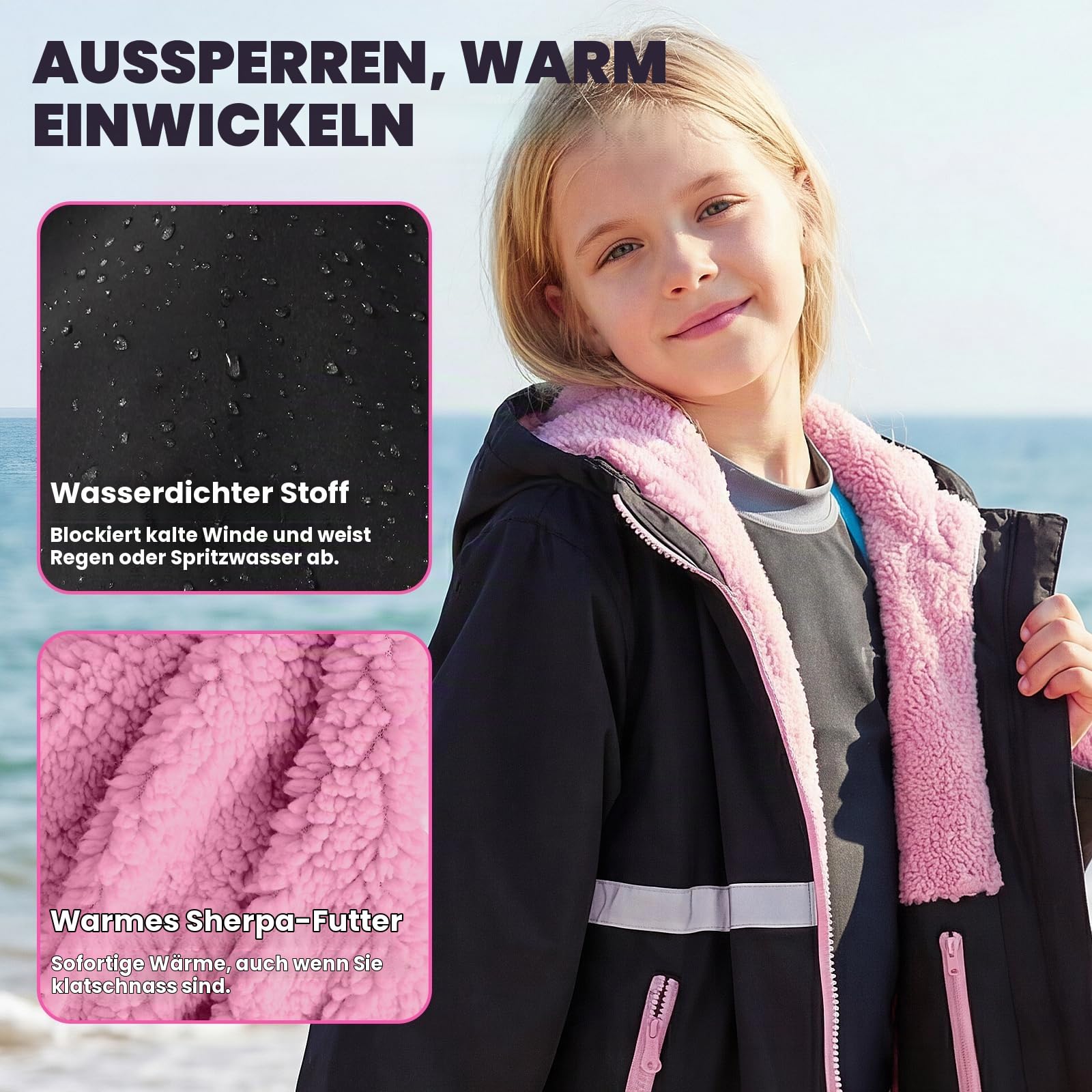 Owntop Wasserdichter Wickelmantel Für Erwachsene Kinder, Winddicht Übergroßer Changing Robe Wechselrobe Mit Plüschgefüttert Für Strand Surfen Schwimmen Gassigehen
