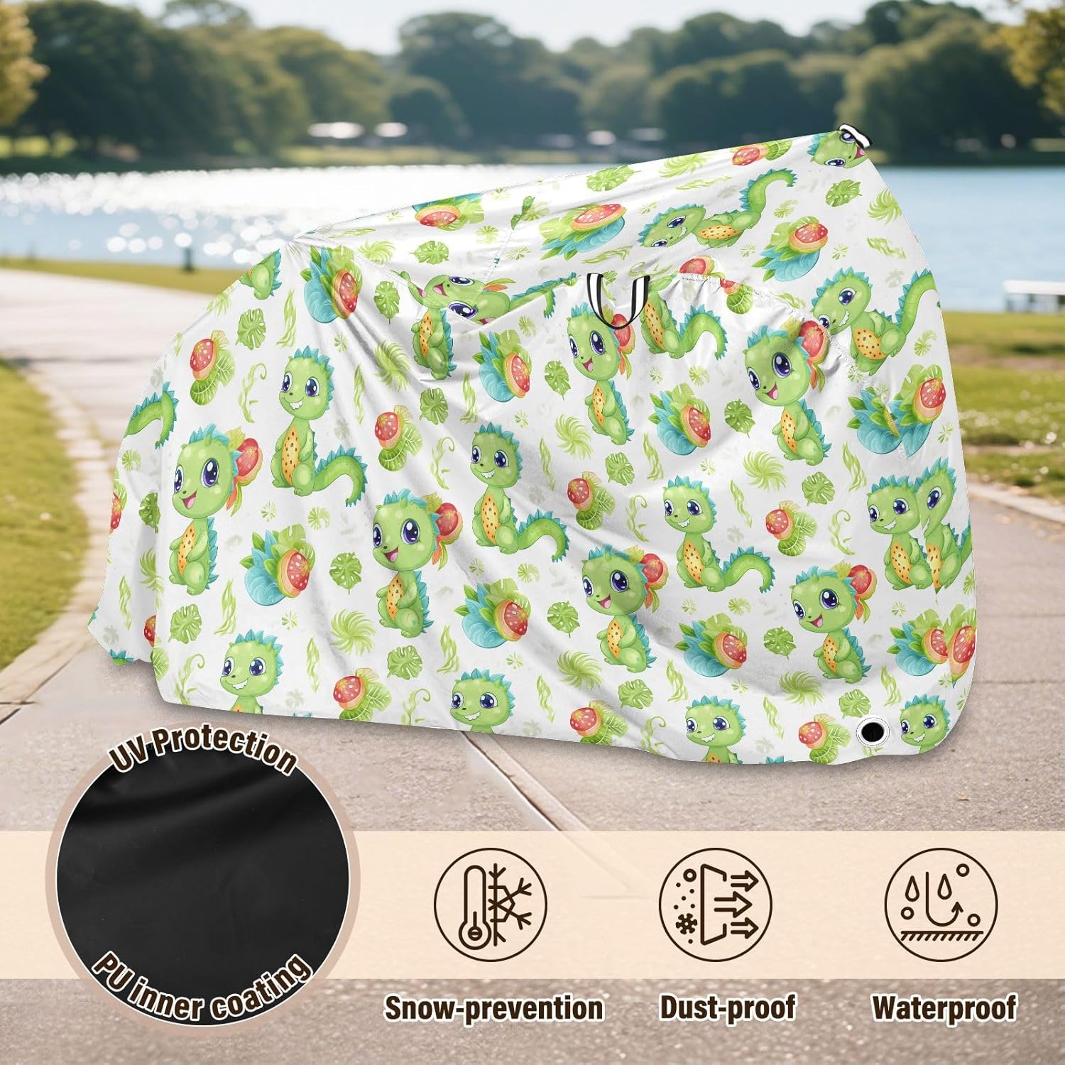 ALAZA Cute Dino Baby Dinosaur Bike Cover Waterproof Outdoor Ebike Bicycle Covers Tarp Protection for 1/2 Bikes, Sun UV Dust Wind Proof