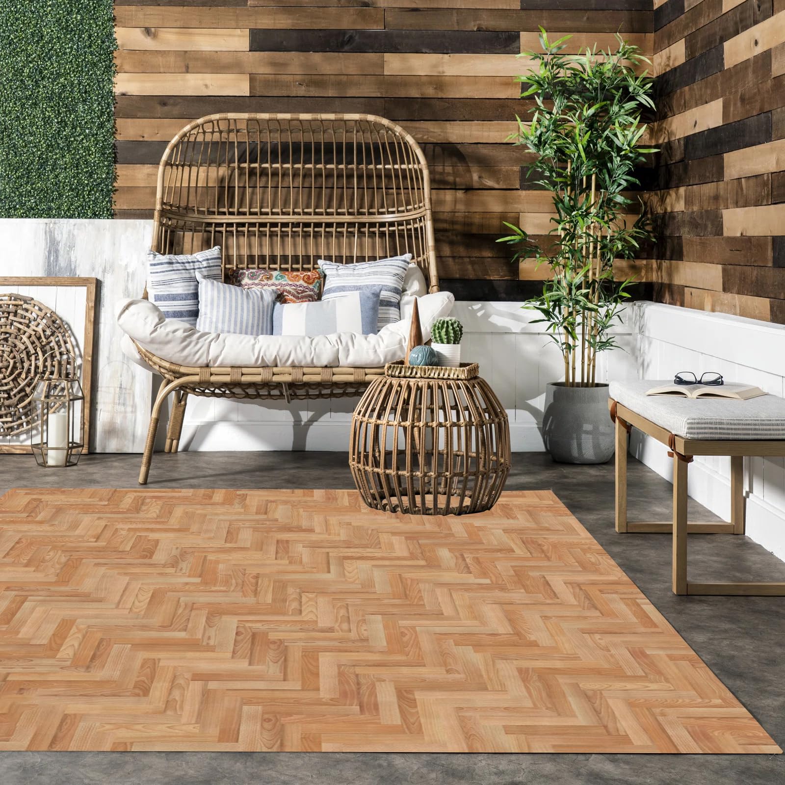 Rustic Farmhouse Imitation Wood Rug 7x7 Brown Square Rug for Balcony Deck Porch Patio Non Slip Washable Indoor Outdoor Carpet Waterproof Durable