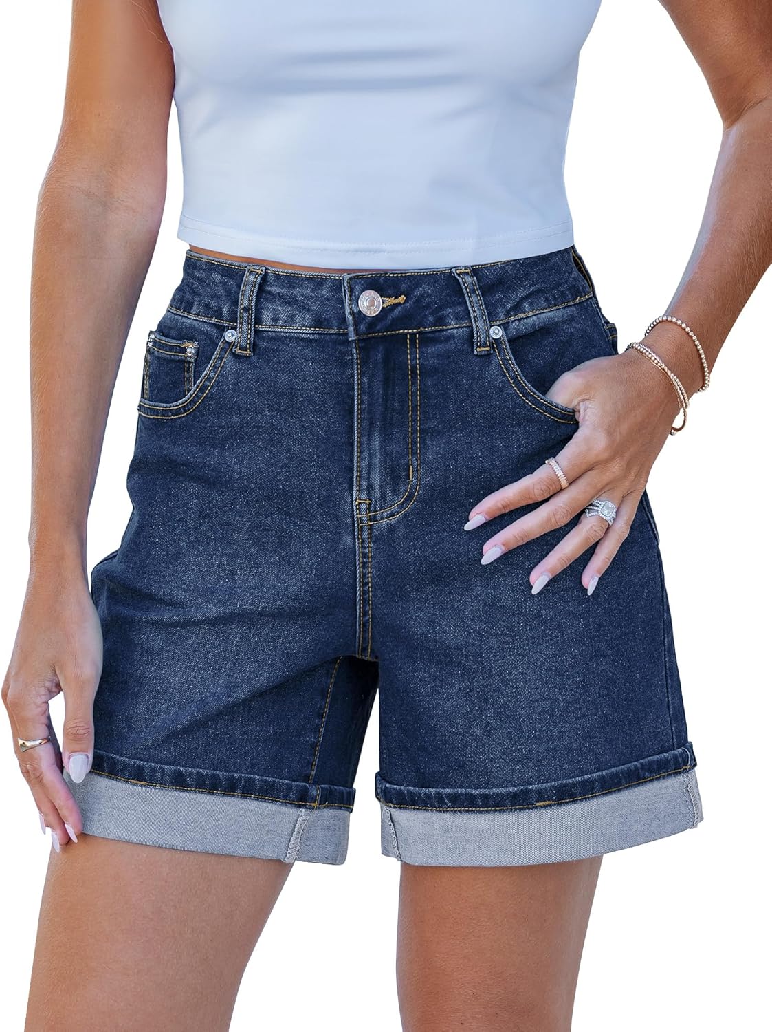 luvamia Jean Shorts for Women Trendy High Waisted Mid Thigh Fold Hem Cutoff Casual Summer Stretchy Denim Shorts Jorts