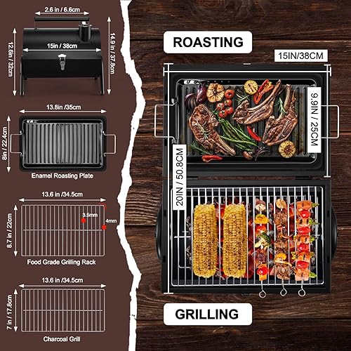 Miniatura 2 de HaSteeL Parrilla de carbón portátil, mini ahumador plegable para barbacoa al aire libre, pequeña parrilla de mesa ajustable con placa de asado y