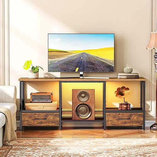 Miniatura 3 de HOOBRO Soporte de TV LED con almacenamiento, centro de entretenimiento LED con estantes abiertos y cajón, se adapta a televisores de hasta 55 café