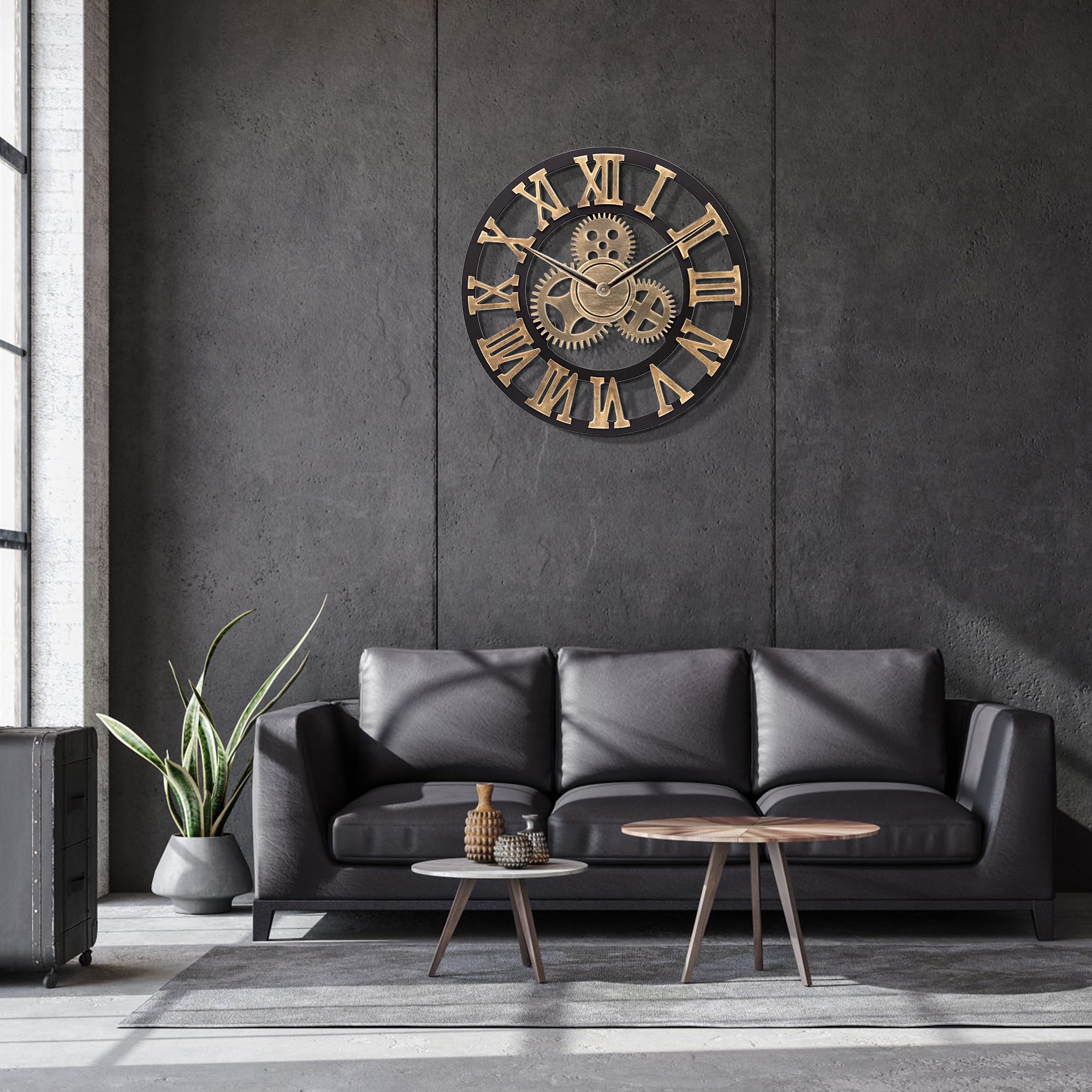 Lafocuse Reloj de Pared Grande Salon Engranajes, Vintage Reloj Madera Dorado Industrial, Silencioso Reloj de Cuarzo Números Romanos Retro para Bar Cafetería Cocina 58cm