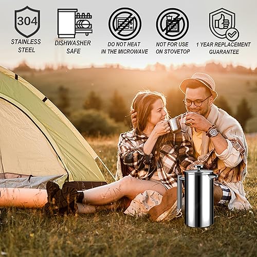 Miniatura 3 de Cafetera grande de prensa francesa de 50 oz (1.5L), prensa de té aislada de doble pared de acero inoxidable 304 para acampar, hacer senderismo,