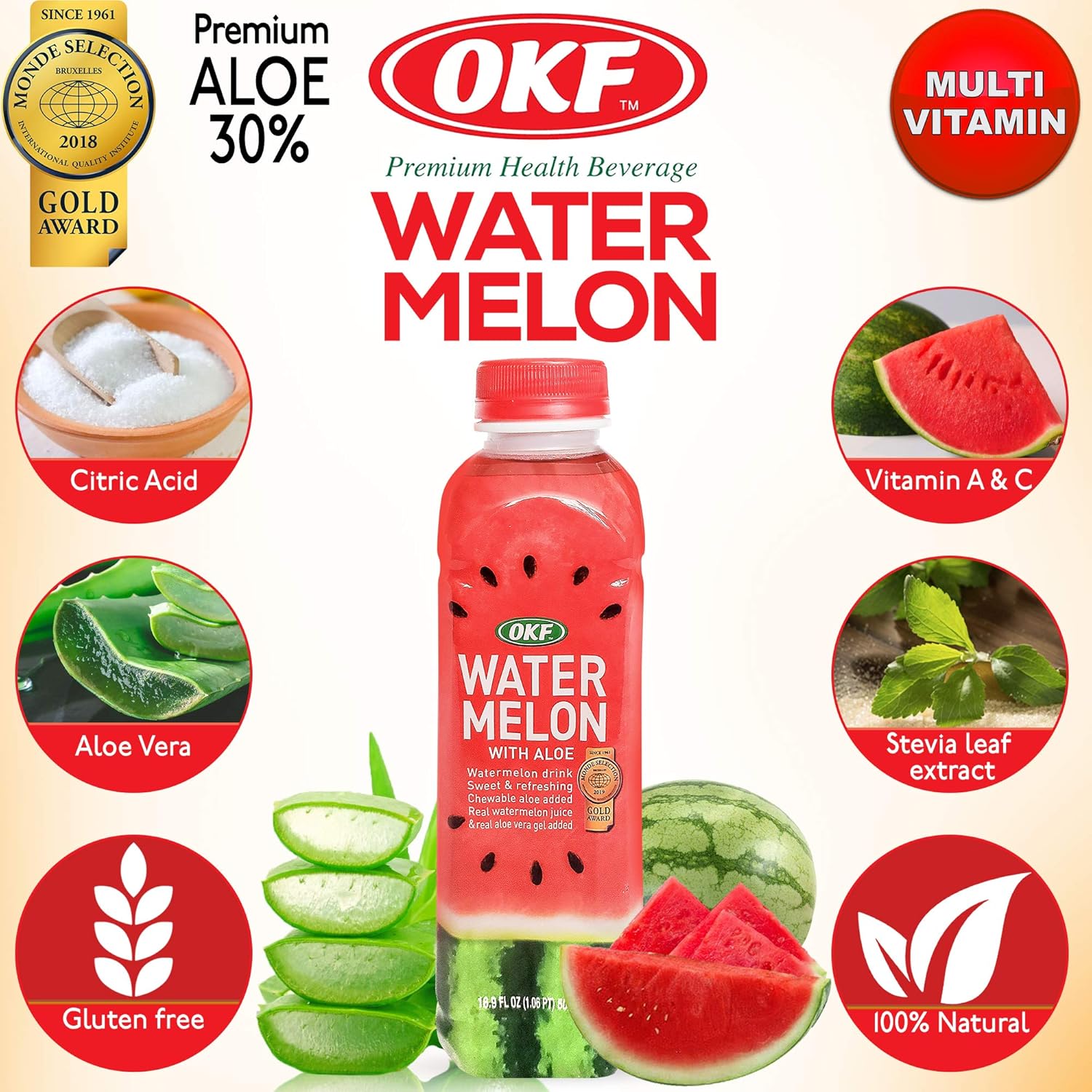 OKF Watermelon Aloe Vera Drink, Real Juice & Gel, 16.9 oz (6 Pack)