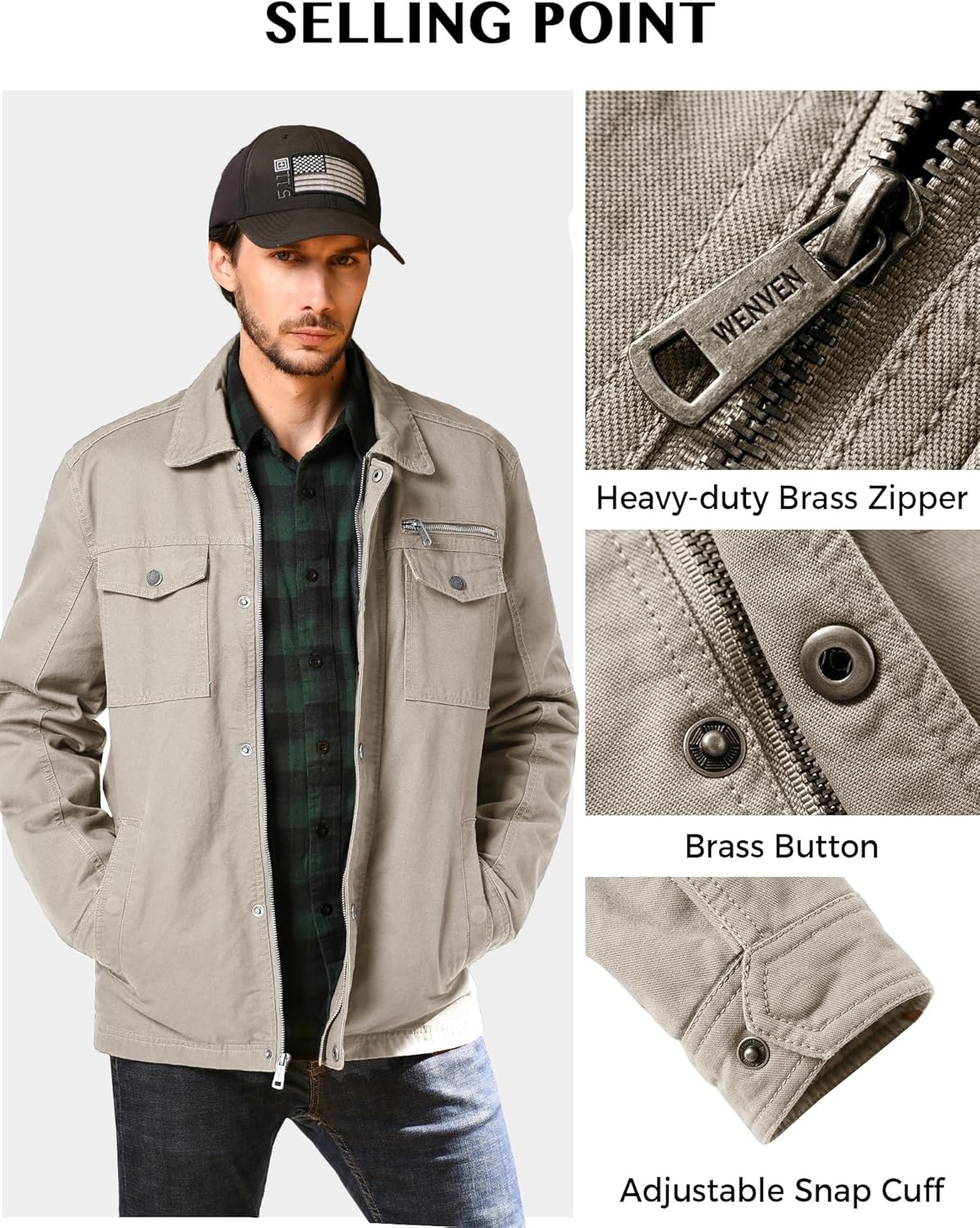 WenVen Men's Casual Canvas Cotton Military Lapel Jacket - Image 5