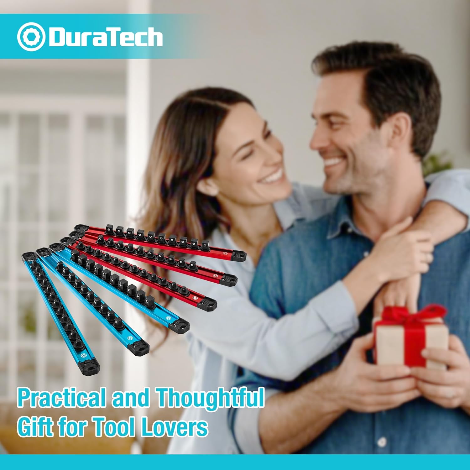 DURATECH Magnetic Socket Organizer Set, 1/4”, 3/8”, 1/2” Aluminum Alloy Socket Rail with 64 Clips, Socket Holder for Tool Box Drawer, Tool Cart and Garage Organization(6PCS)