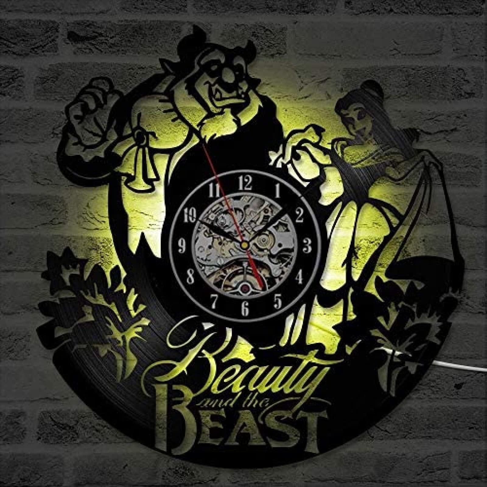 AGlitw Beauty And The Beast Vinyl Record Clock Creative Hollow LED Record Clock Cartoon Antique Wall Clock