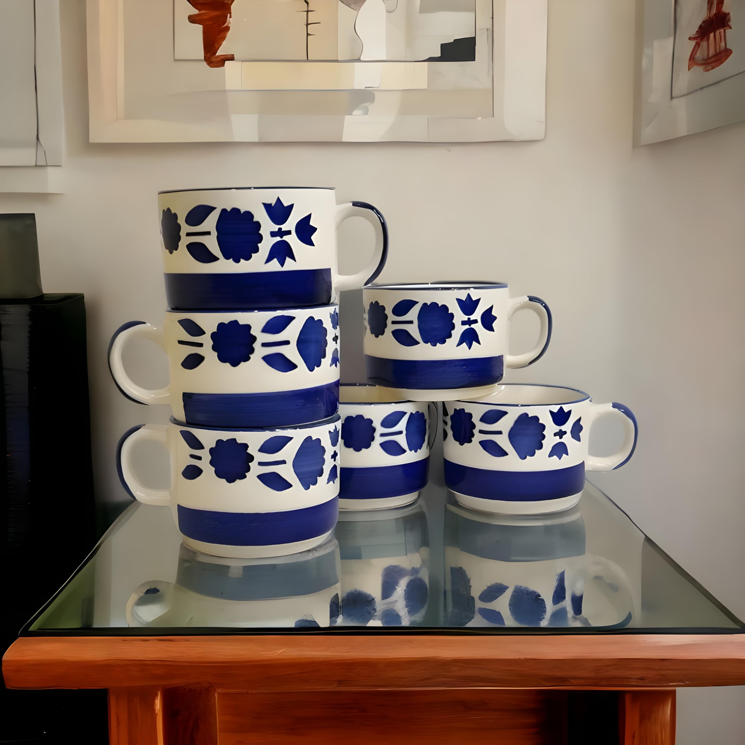 Boncel Blue & White Floral Ceramic Tea/Coffee Cup Set of 6-170 ML Each