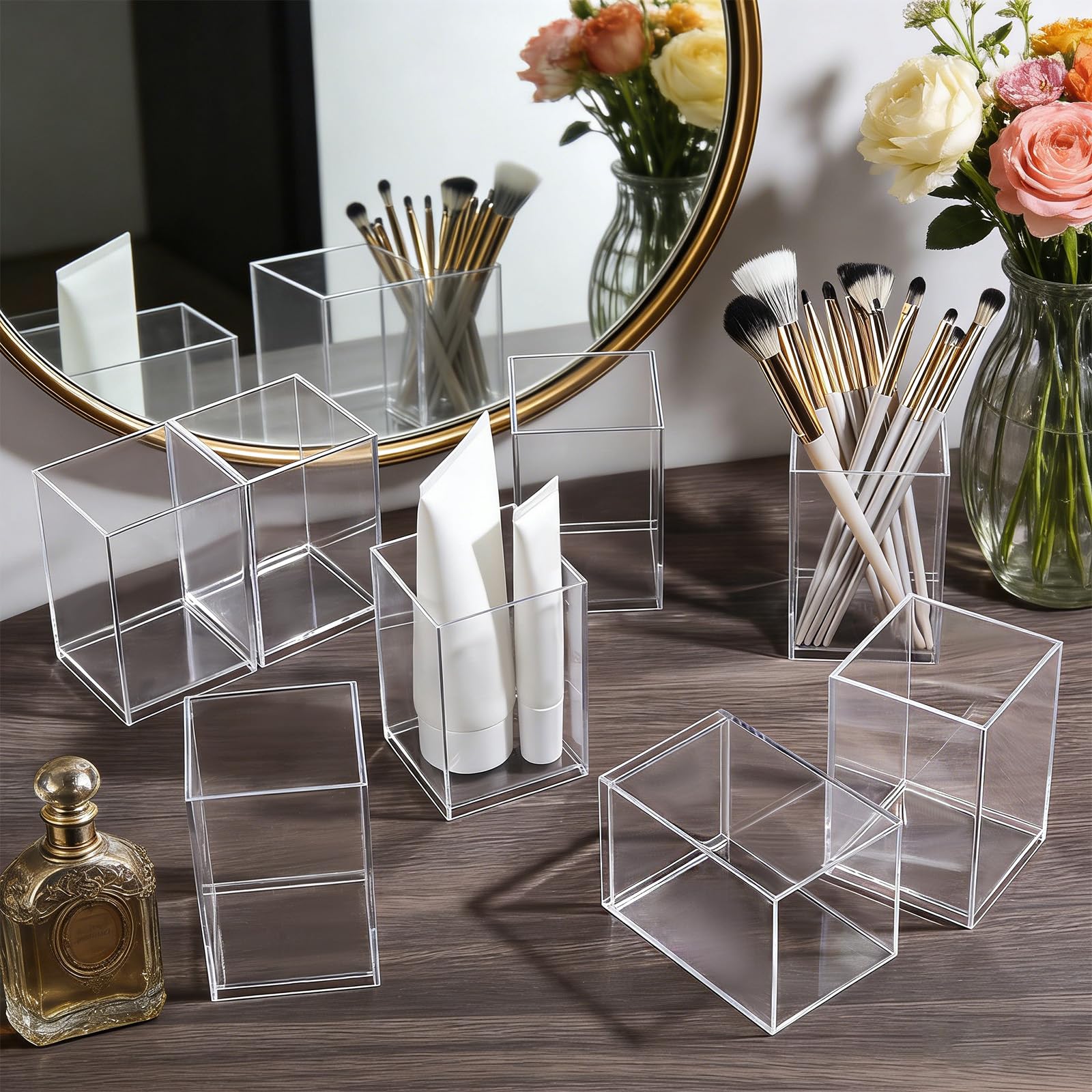 24 portapenne in acrilico trasparente, 6,5 x 6,5 x 9,8 cm, per pennelli da trucco, accessori da scrivania, portapenne in acrilico, per aula, scuola e ufficio