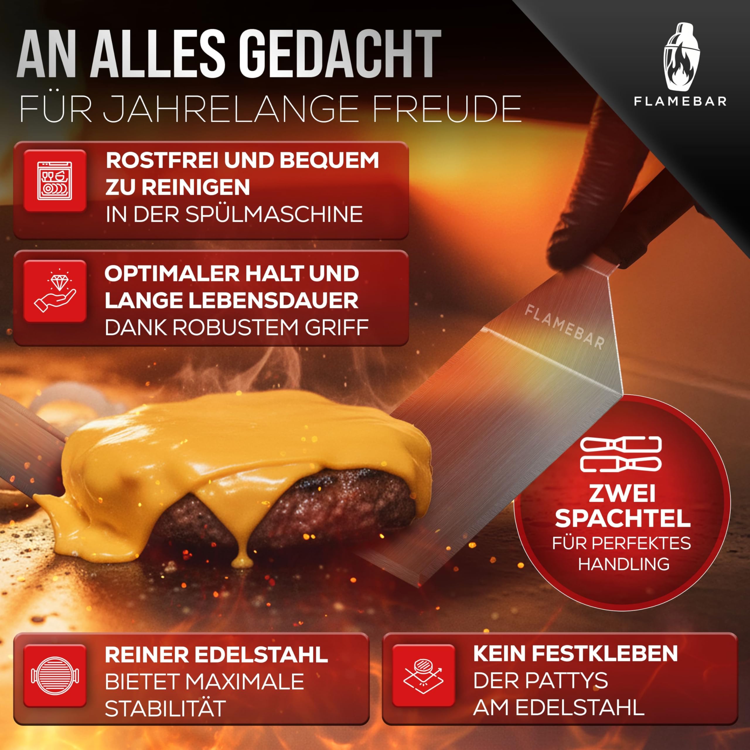 XXL Burgerpresse Set Edelstahl - 5-teilig I Smash Burger Set für 100% Burgergenuss I Burger Presse inkl. Burgerglocke, Burgerspieße & Grillspachtel I Grillzubehör Set