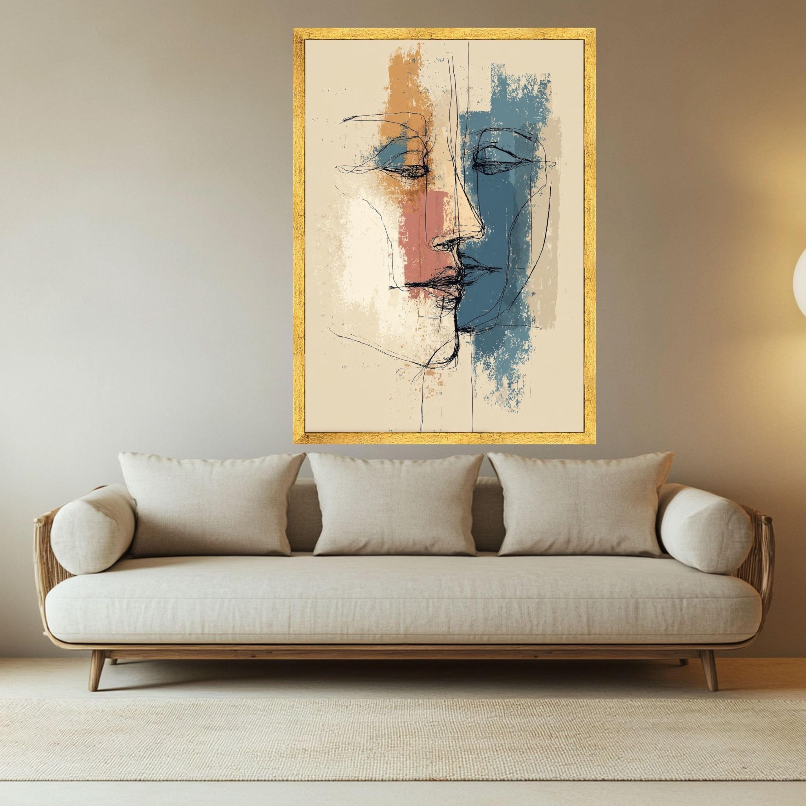 LMYCHENG Abstract face canvas, modern art wall decoration, line minimalist painting, large size portrets canvas (20x30cm / internal frame)