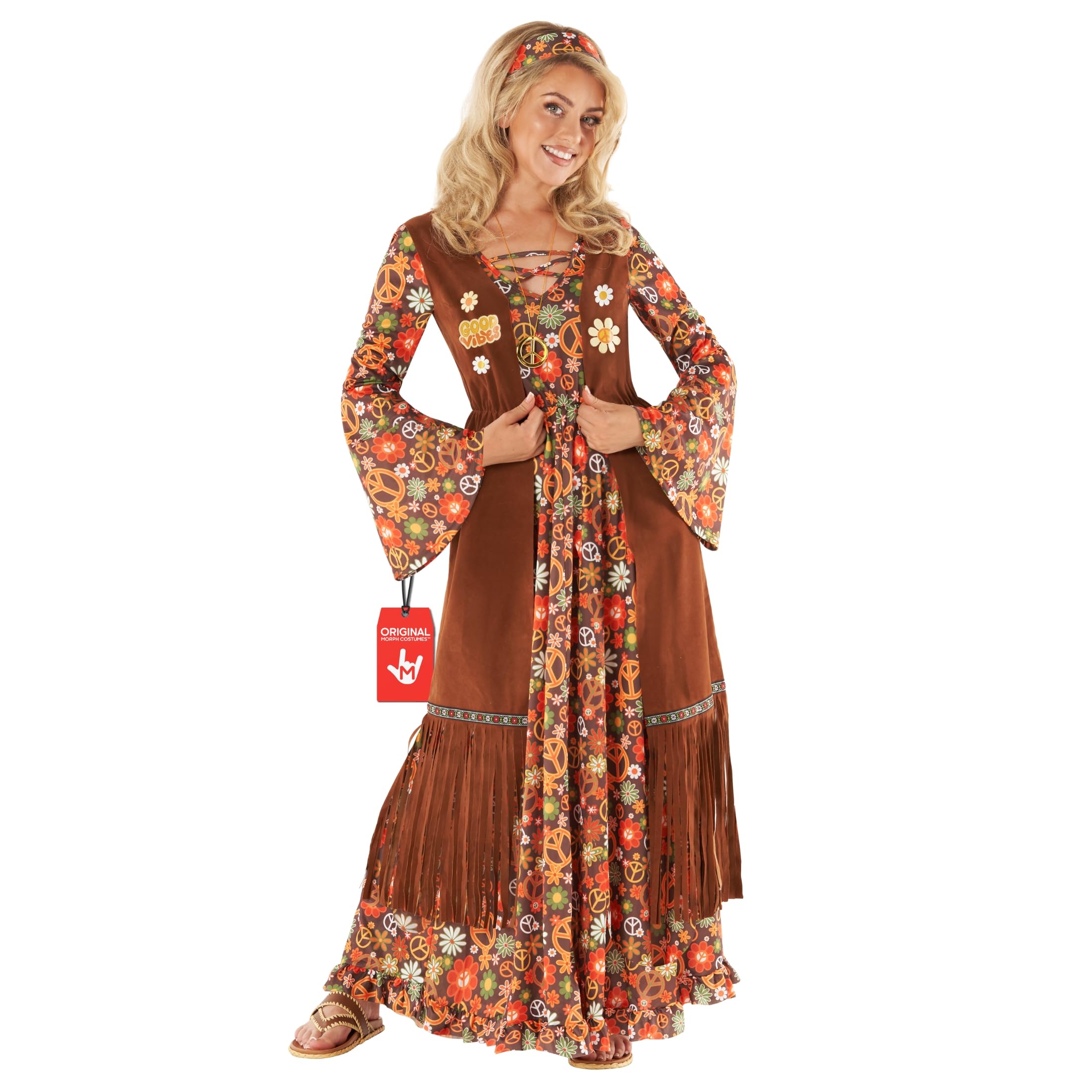 Morph Disfraz Hippie Mujer, Vestido Retro Años 70, Traje Vintage Fiesta, Disfraces para Carnaval y Halloween