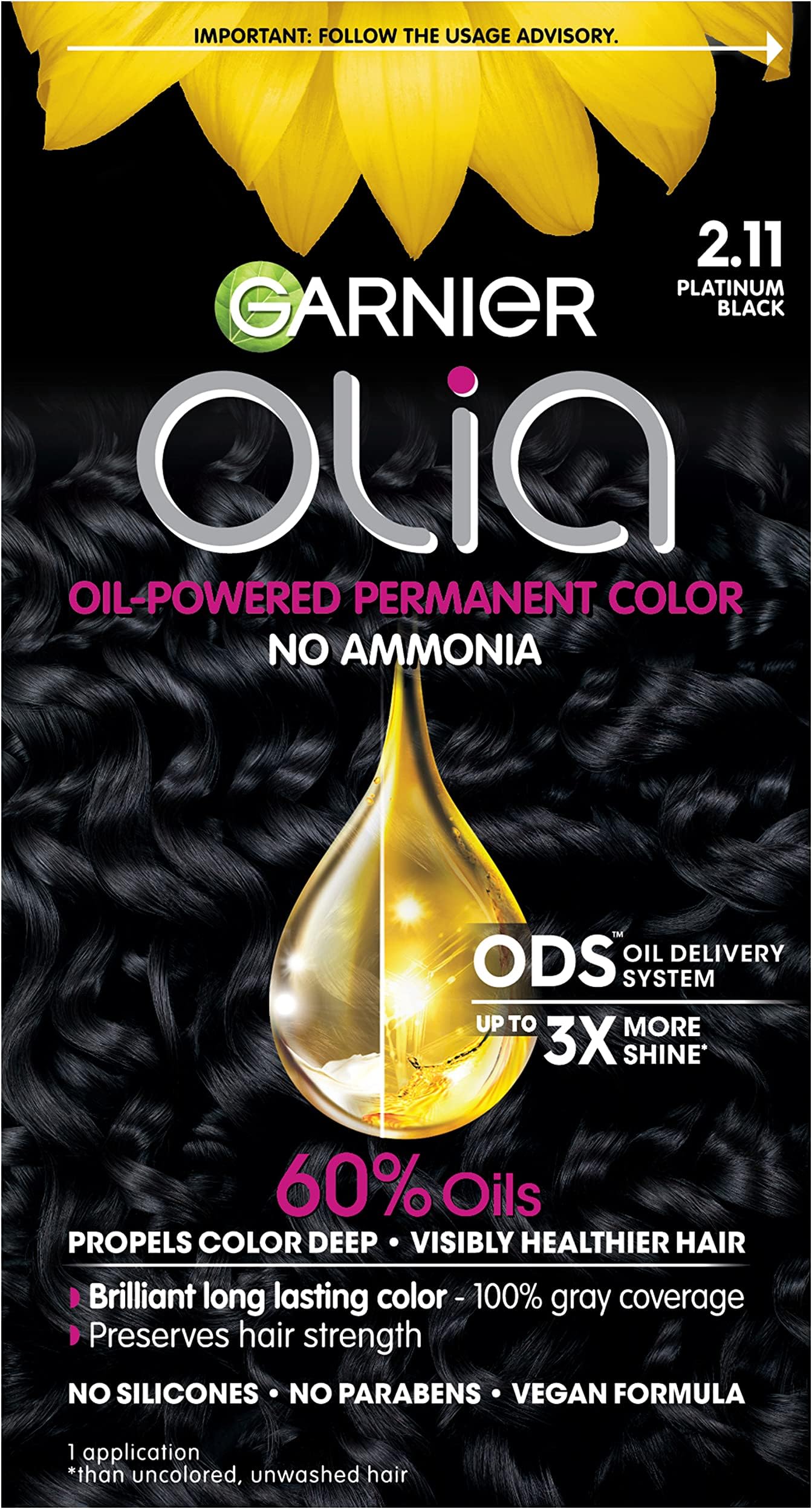 Olia Ammonia-Free Brilliant Color Oil-Rich Permanent Hair Color, 2.11 Platinum Black (Pack of 1) Black Hair Dye (Packaging May Vary)