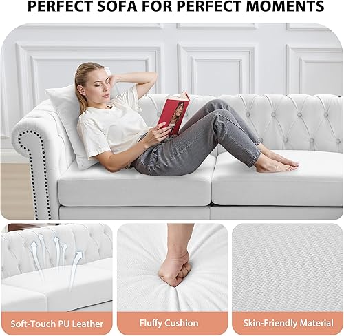 Miniatura 4 de LEVNARY Sofá Seccional Chesterfield en Forma de L de 98" x 98", Sofá de Tela Similar al Lino de 5 Asientos con Brazos Enrollados, Sofá de Esquina