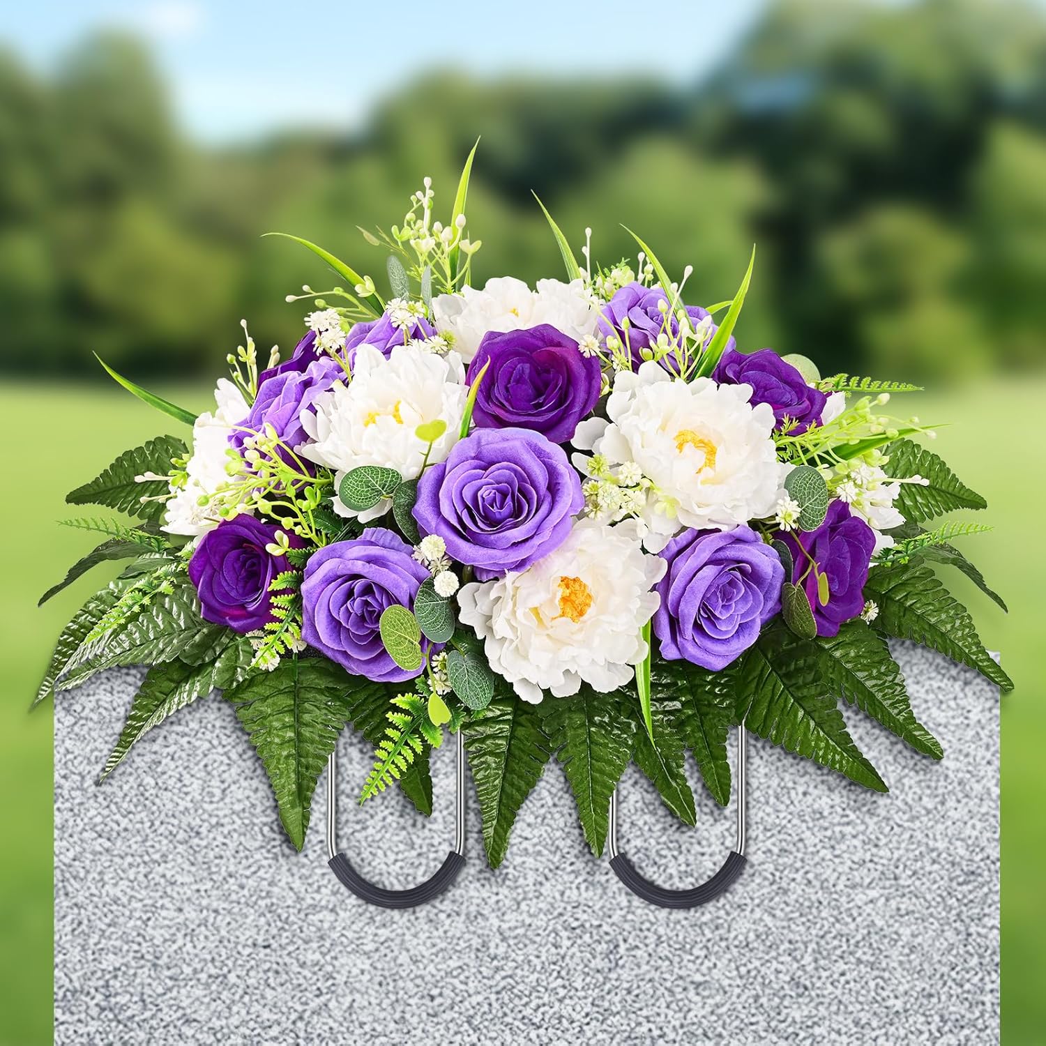 Yastouay Headstone Flower Saddle, Artificial Cemetery Flowers for Grave, Realistic Memorial Day Flowers with Peony Rose, UV Resistant Grave Decorations for Cemetery, Easter Mother’s Day (Purple)