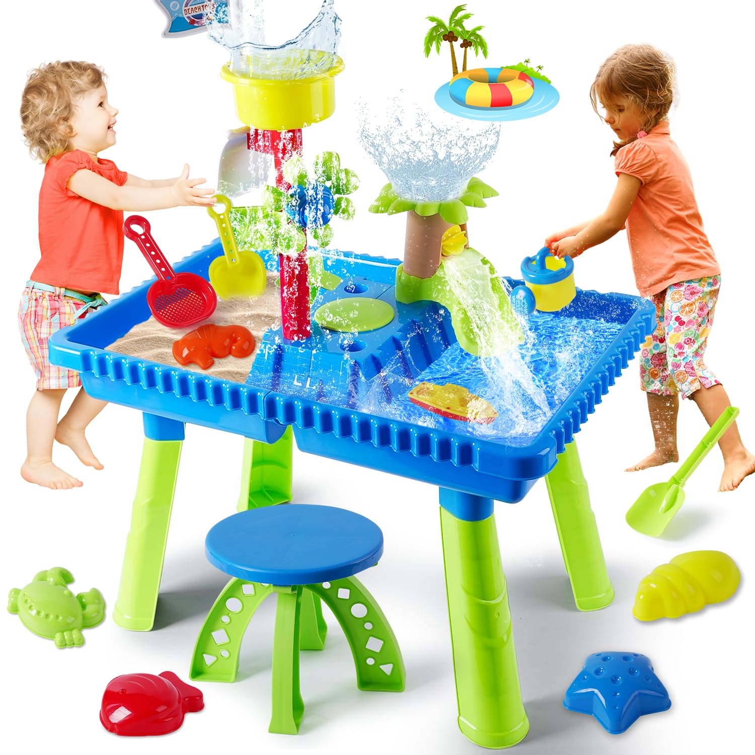 Summer Water Table for Toddlers 1-3 3-5, Kids Large Sensory Table 37PCS Splash Water& Sand Toys Accessories Outdoor Activity Toy on Beach Backyard for Kids Toddler Boys Girls Age 3+