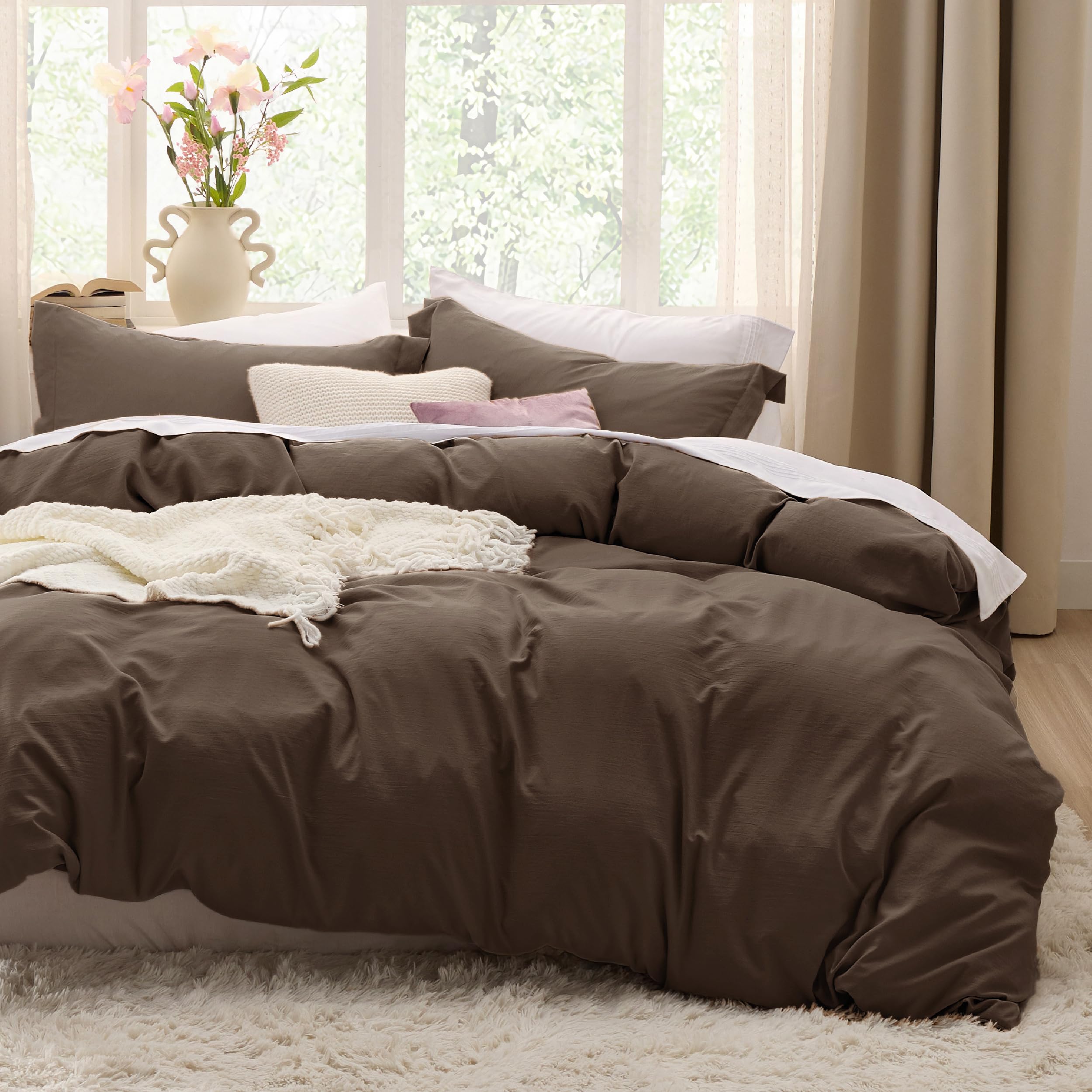 Bedsure Prewashed Duvet Cover King, Cotton-Like Bedding Set, Dark Brown
