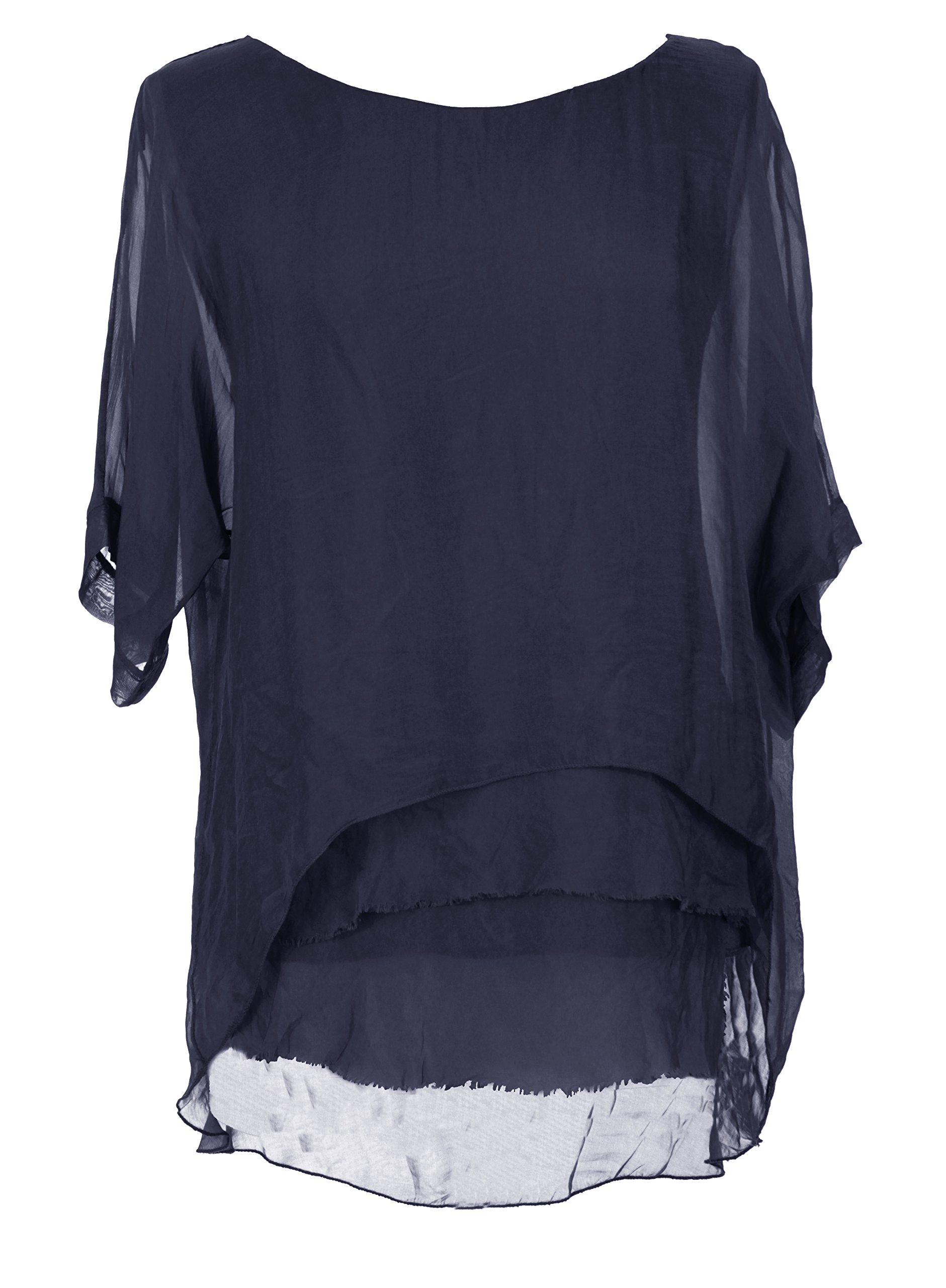 Texture Women's Navy Italian Lagenlook Short Sleeve Frill Frayed Hem Silk Tunic Top Blouse One Size (As8, Alpha, One_size, Regular, Regular, )