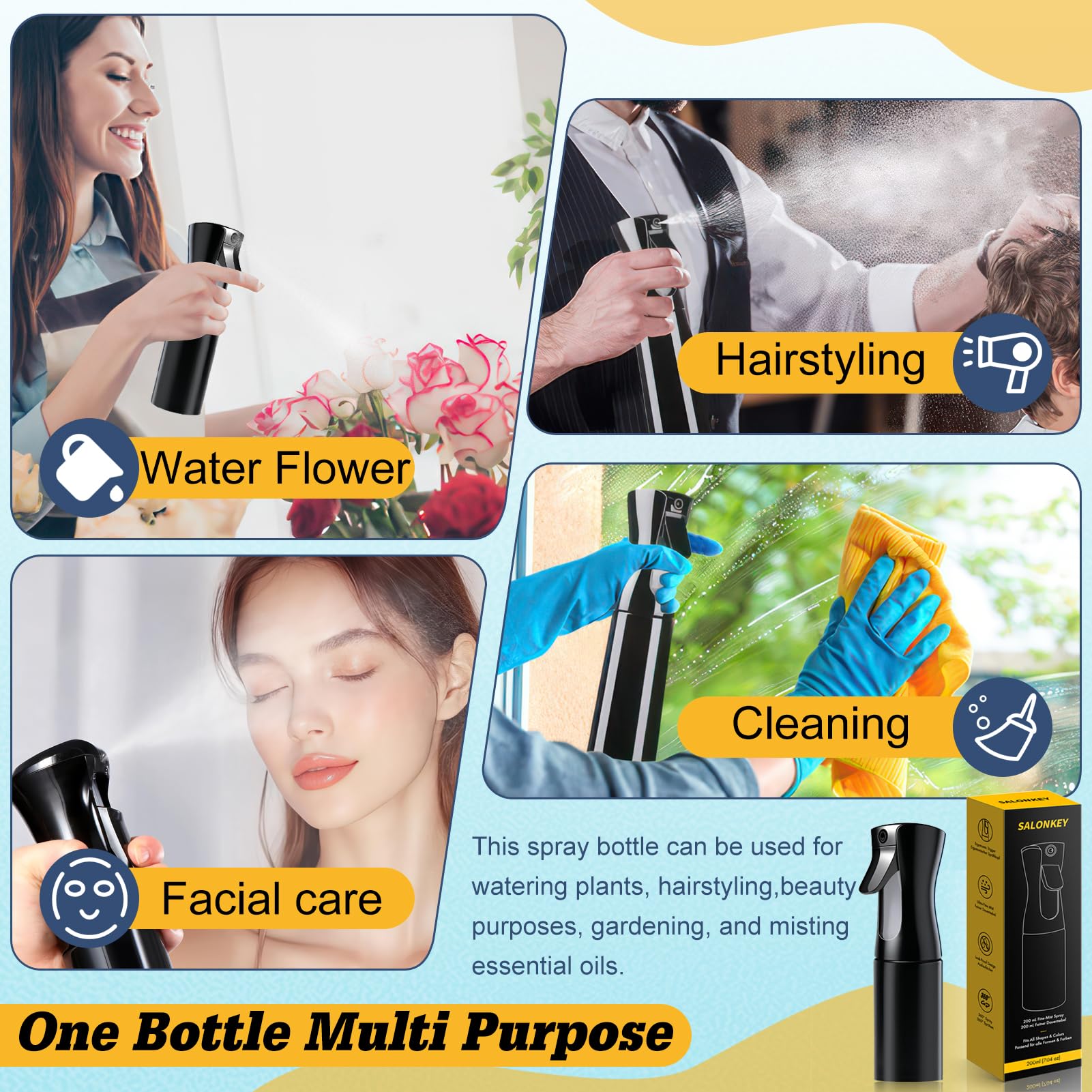 Haarspuitfles, Waterspuit, Continue Waternevel-spuitfles, Leeg, Aerosol, Fijne Nevel, Krullend Haar, Spuitfles voor het Temmen van Haar in de Ochtend, Kapsels, Planten, Zwart en Transparant, 160 ml
