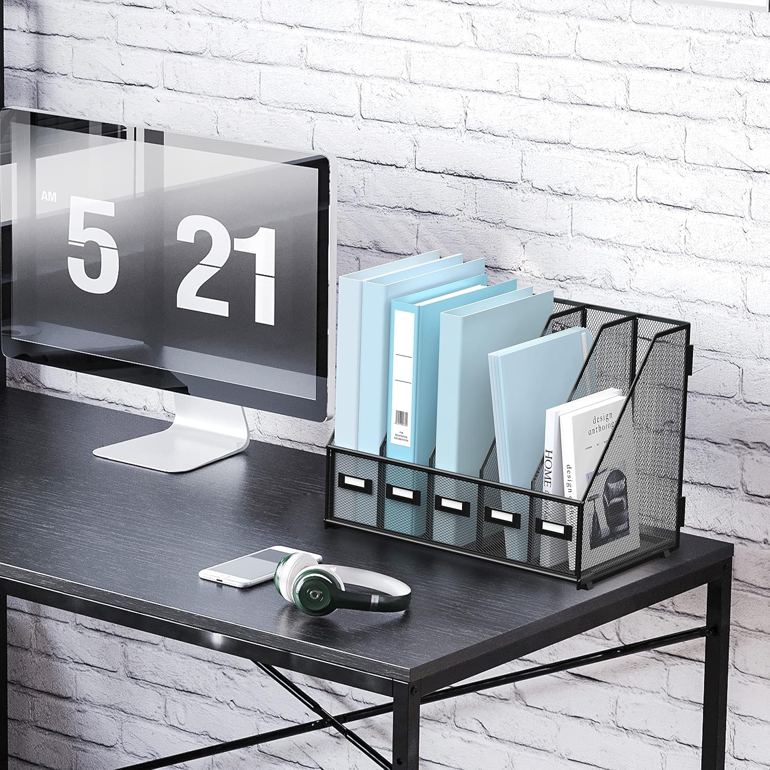 Organiseur de bureau en métal 5 compartiments verticaux noir