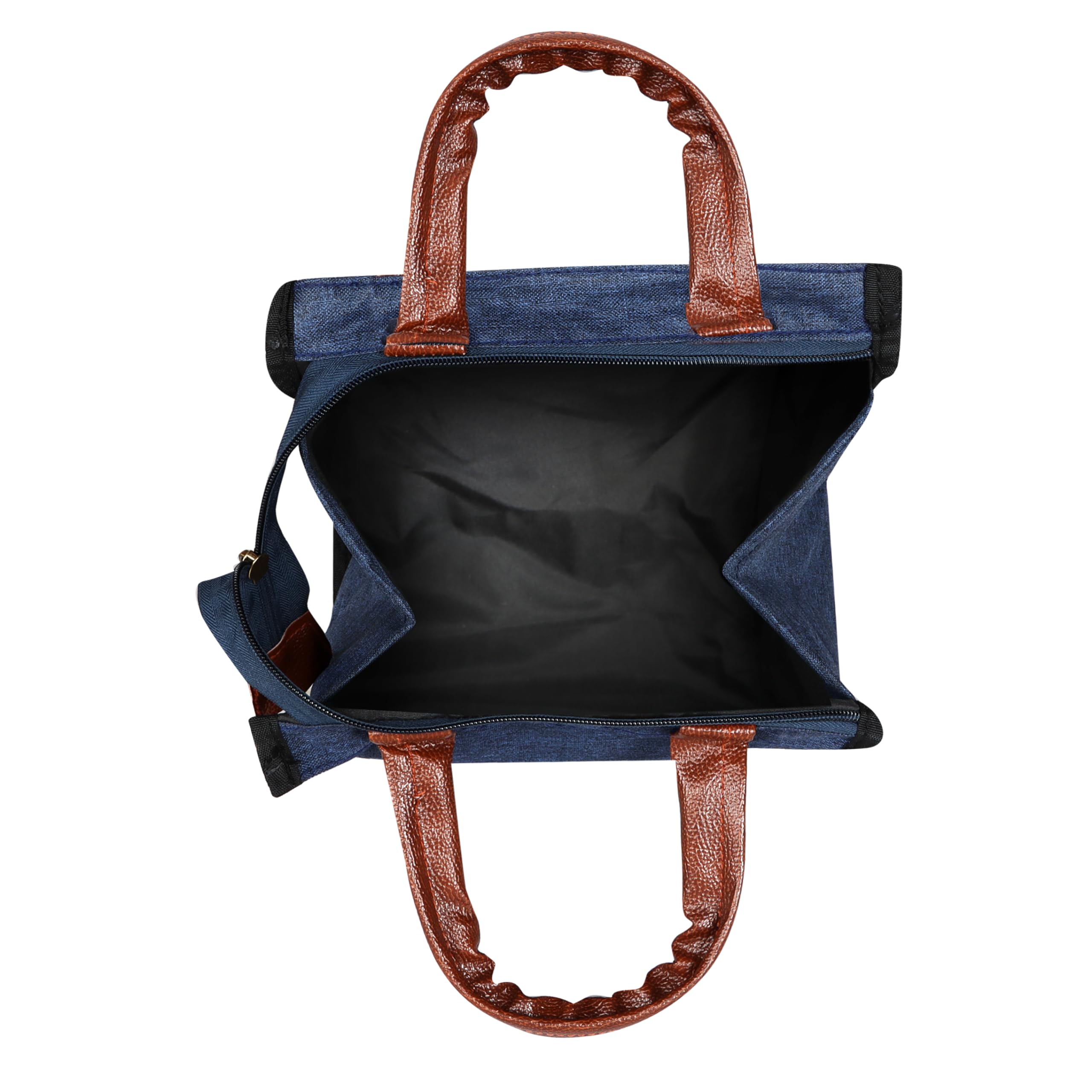 LOREM Faux Leather Black Color Insulated Lunch Tote with Zipper Closure & Handle, Waterproof Reusable Lunch Bag for School, Office, Camping, Outdoor Activities (Blue), 11 Litre 3