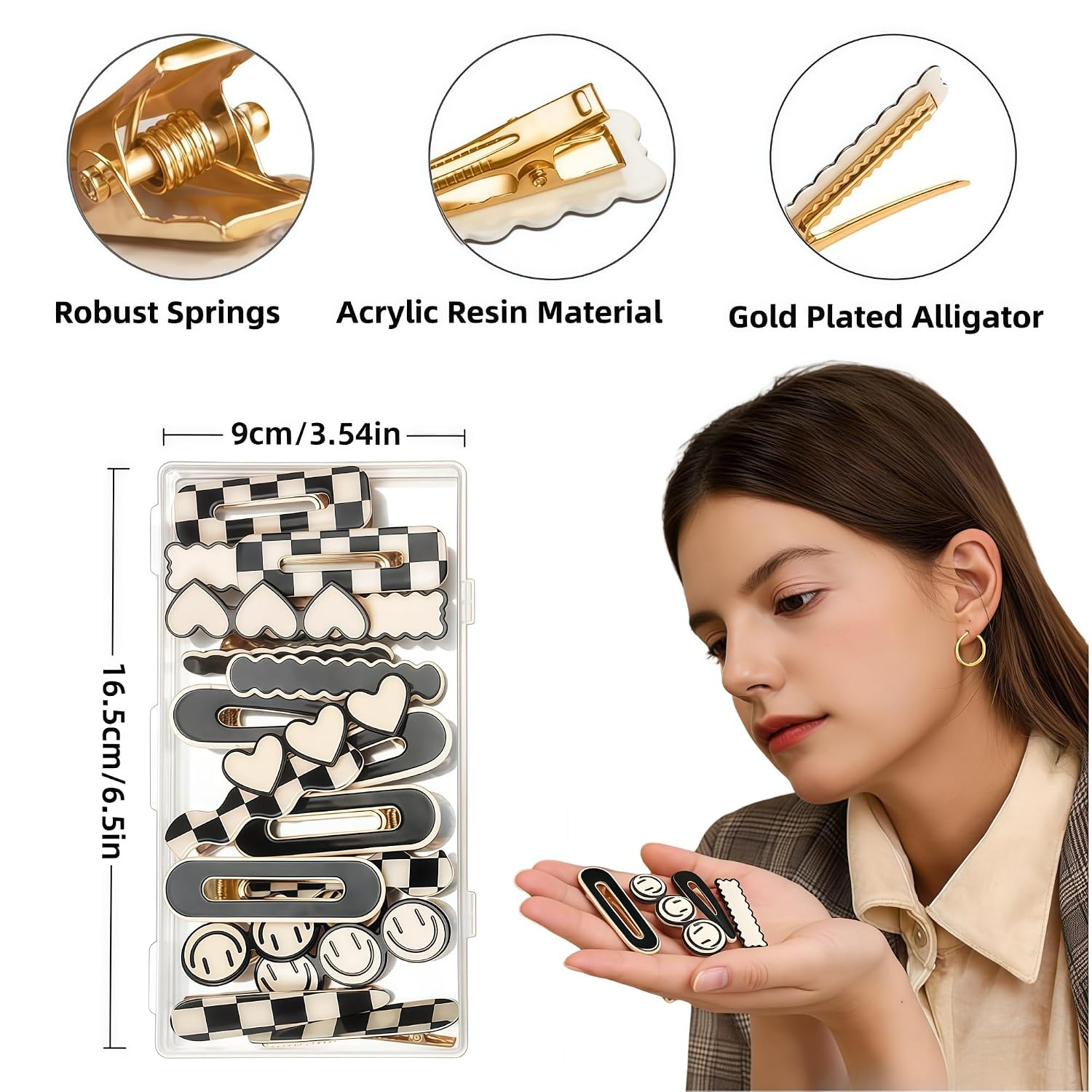 18 Pack Hair Clips for Women, Black White Checker Cute Hair Barrettes with Storage Box, No Bend Korean Styling Minimalist Hair Accessories, Gift for Women image 3