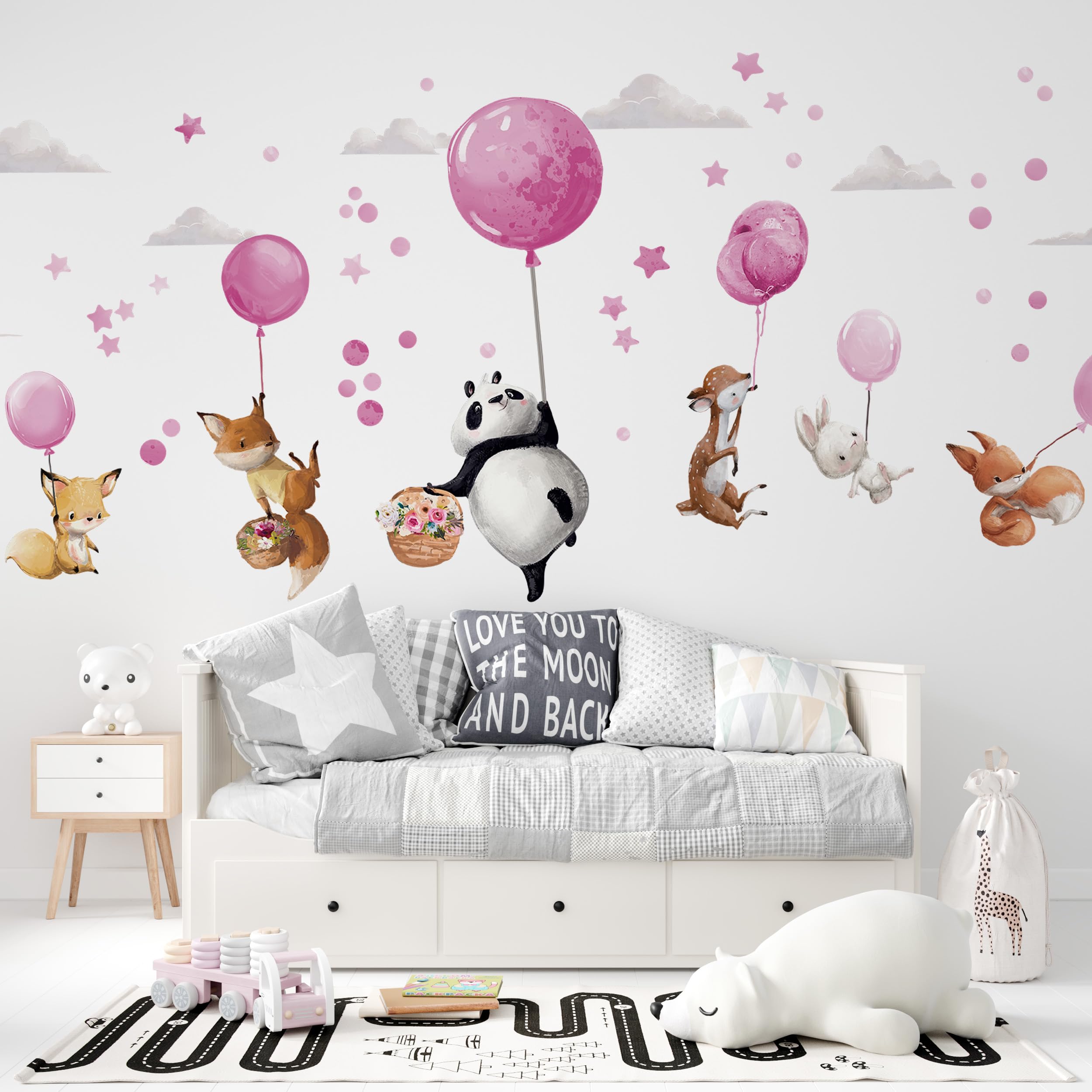 Duże naklejki na ścianę – zwierzęta na różowych balonach – panda, jeleń, lis, zając, dekoracja ścienna, do pokoju dziewczynki, chłopca, urodziny, baby shower, prezent XXL