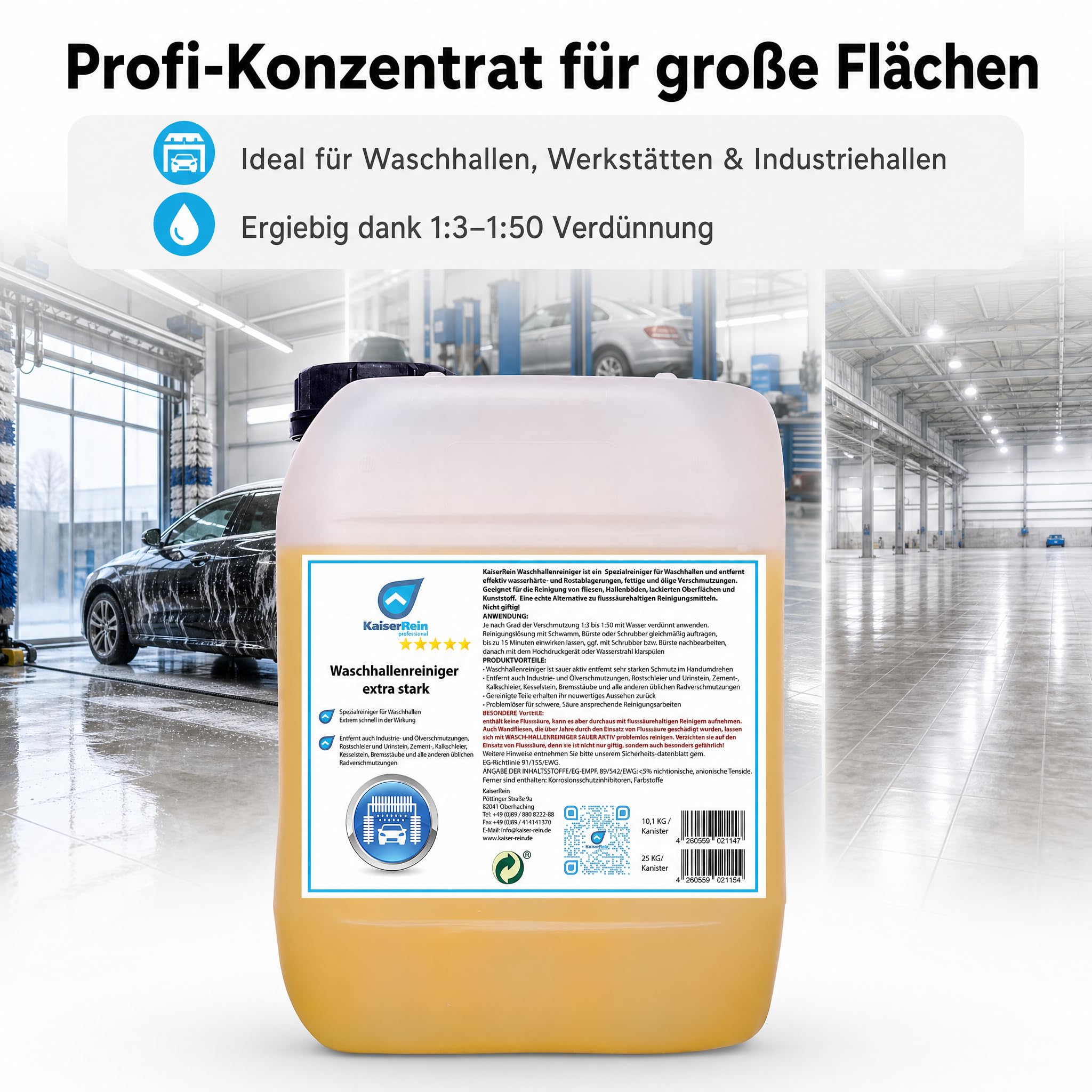 KaiserRein Fliesenreiniger Waschhallenreiniger Extra Stark, Zementschleierentferner und Bodenreiniger Konzentrat, Sauer Aktiv & Flusssäurefrei, für Waschhalle/Hallenboden/Fliesen, 10,1 kg Kanister