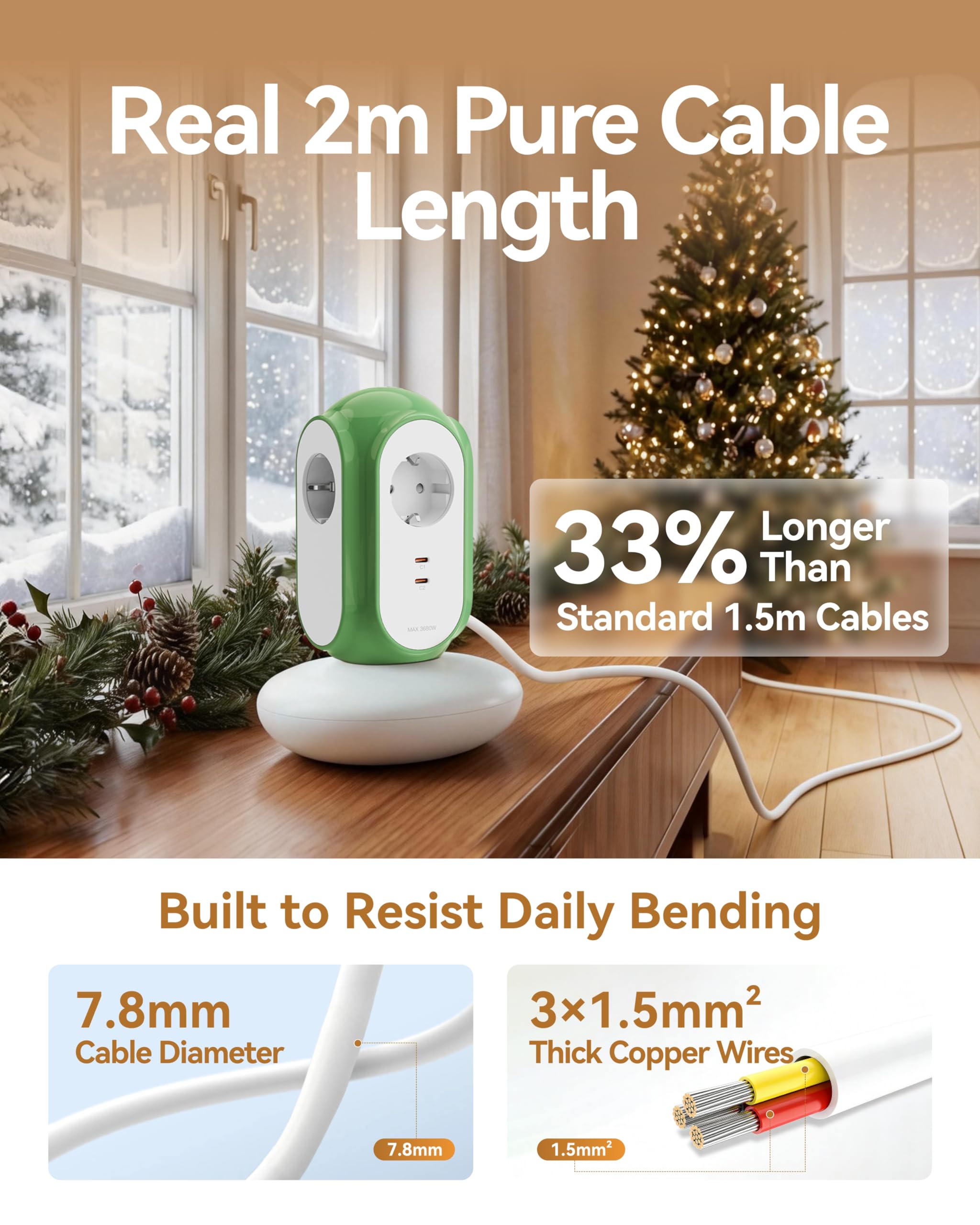 MiaoLab Regleta Eléctrica en Torre con 3 Tomas AC y 2 USB-C (Carga Rápida 30W), 3680W/16A, Protección contra Sobretensiones 1420J, Cable de Extensión 2 m, Protección contra Sobreca (Verde Normandia) — view 8