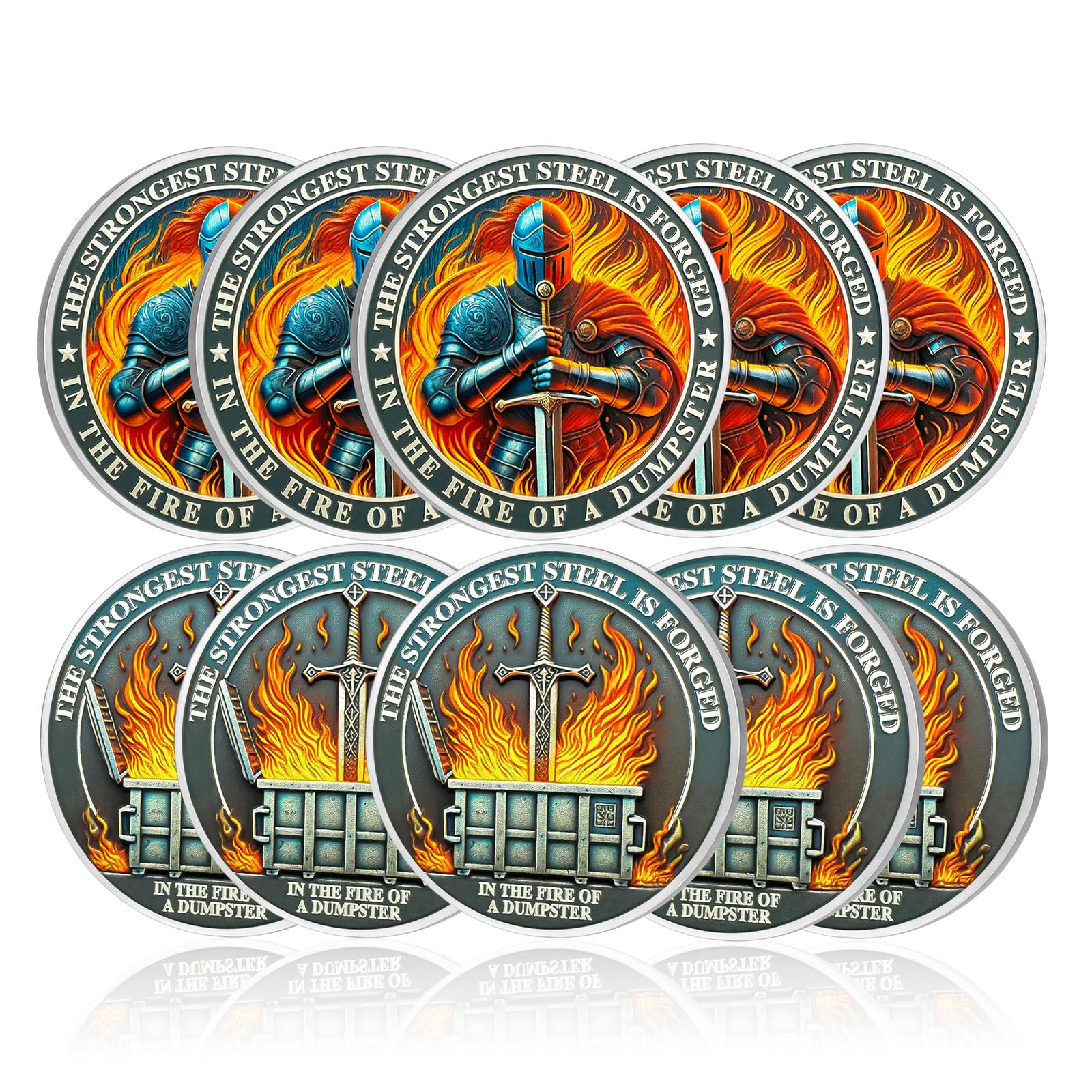 10Pcs Knights Dumpster Fire Coin, Knight's Sword Dumpster Fire Challenge Coin, Funny Office Desk Accessories