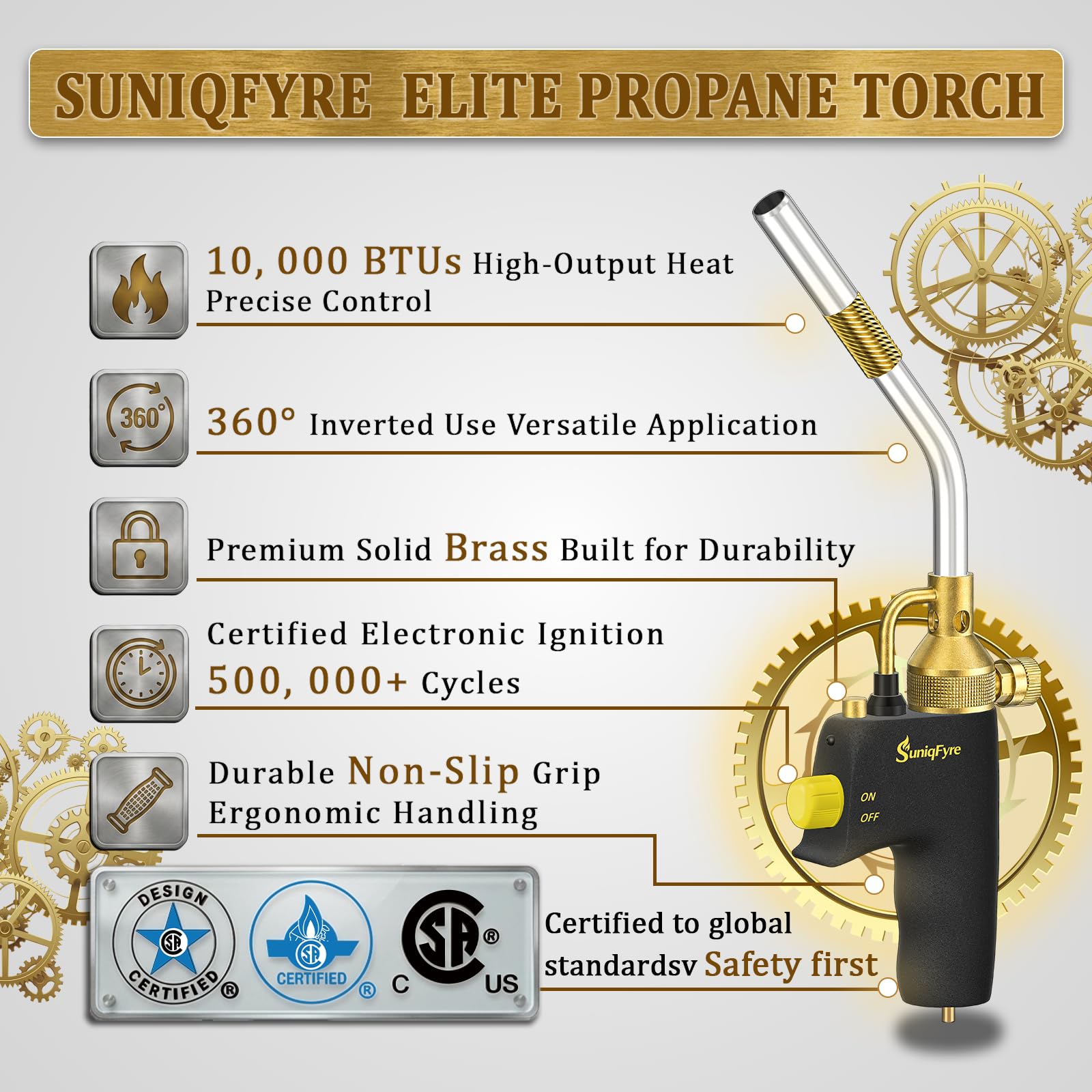 Propane Torch Head, Upgraded 10,000 BTU, Built-in Regulator&Flame Lock, 360° All-Angle Burn Plumbing Torch Compatible with MAPP/MAP-Pro/Propane for Soldering, CSA Certified — Amazon image 2