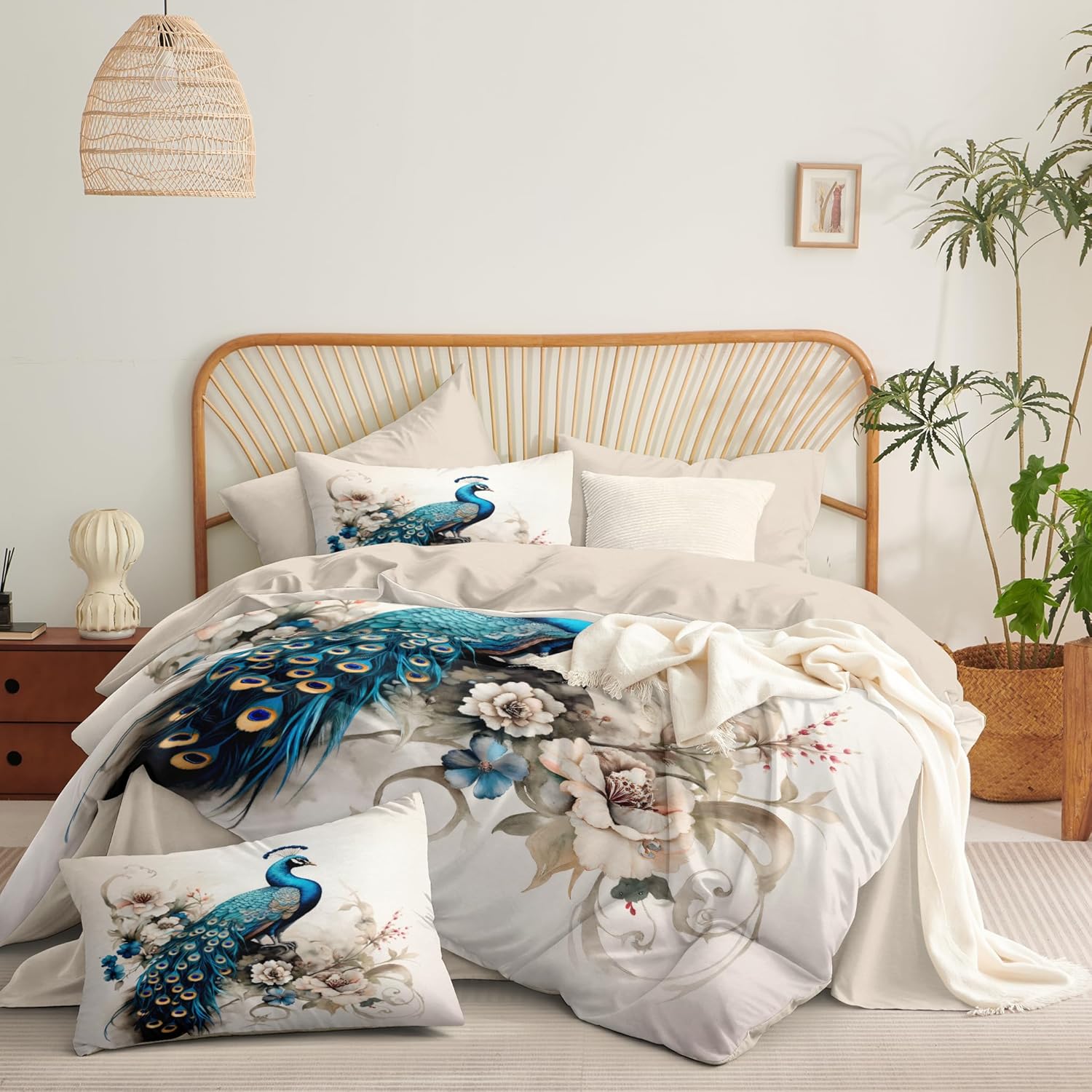 Peacock Comforter Set Queen Size Victorian Bird Floral Bedding Set for Women Girls Teal Peacock Feather Decor Quilt Set - 3Pcs Soft Fluffy Microfiber with 2 Pillowcases(90 * 90)