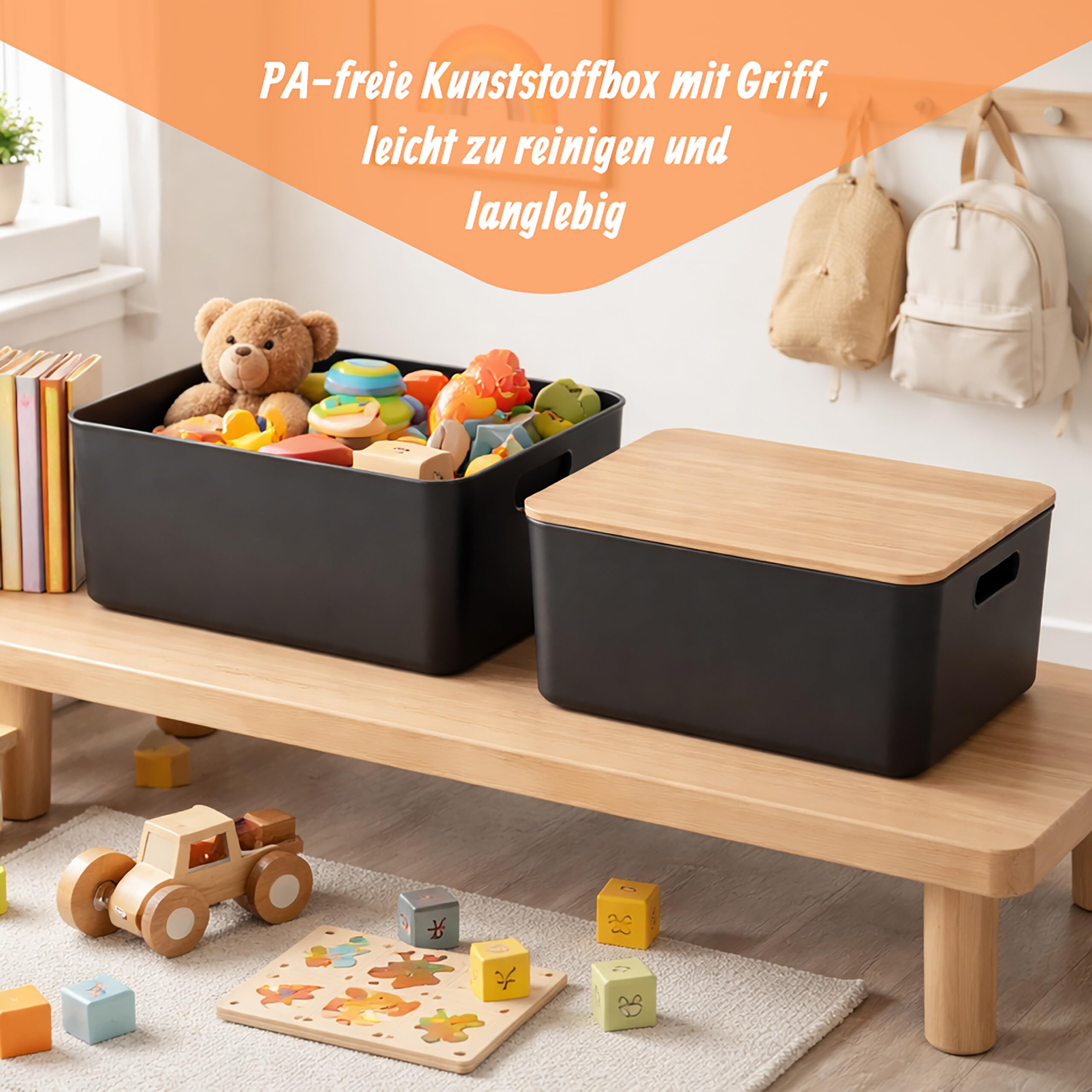 Relaxdays Aufbewahrungsbox, 2er Set, mit Deckel, Kunststoff & Bambus, mit Griffen, Organizer, HBT: 16x36x25 cm, schwarz - 3