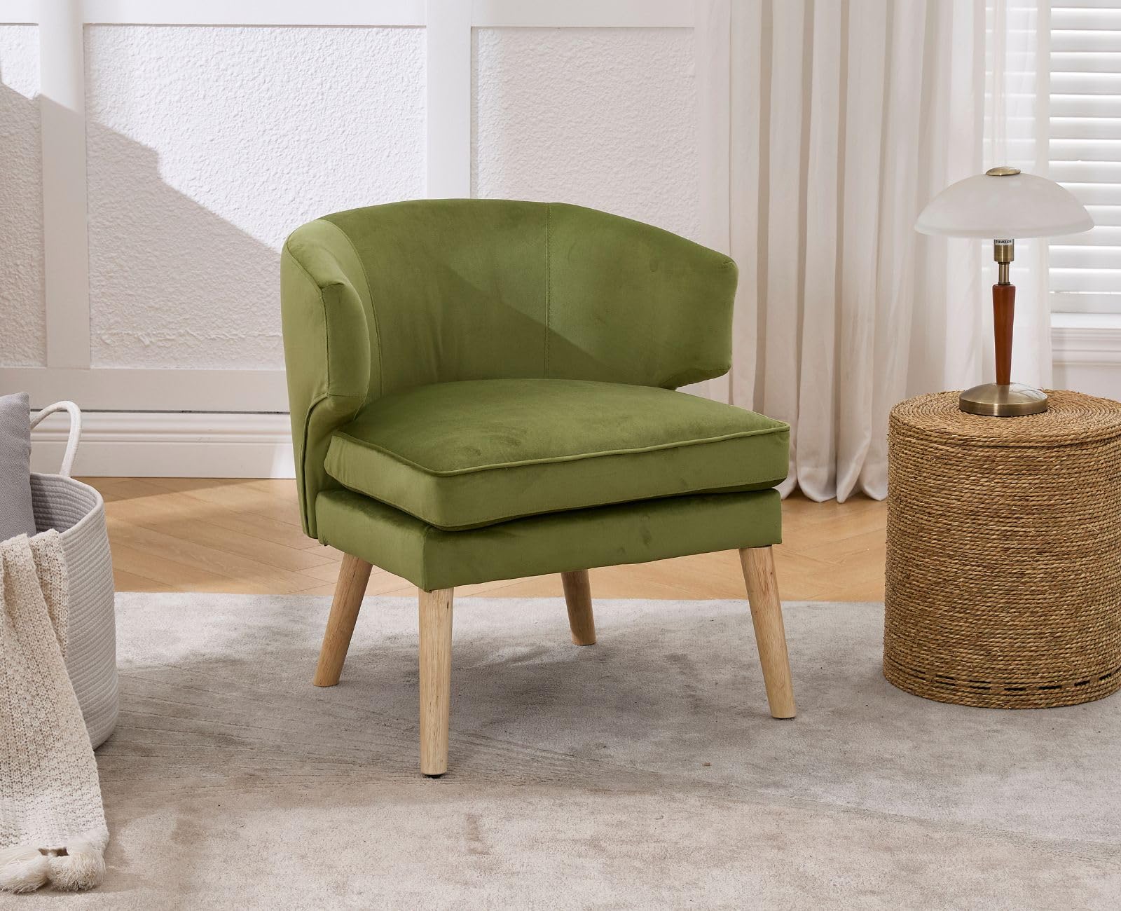 chairus Sessel Samt Einzelsofa mit Holzbeinen, Akzentstuhl Schlafzimmer Loungesessel mit Doppelkissen, Relaxsessel Wohnzimmer, Grün