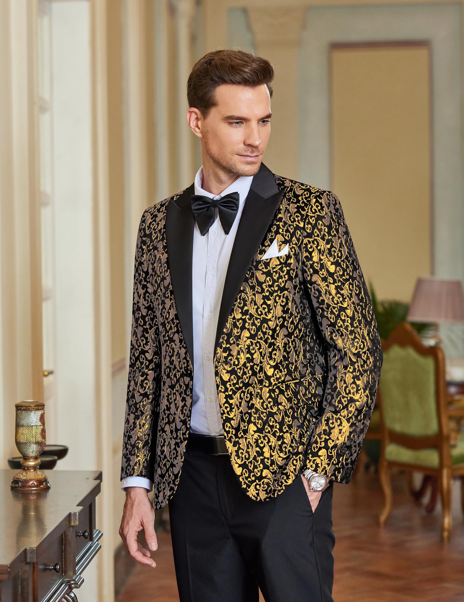 Coofandy, vestito da festa floreale da uomo, elegante giacca da cena da sposa Blazer per balli di fine anno, smoking - Giallo - 3XL