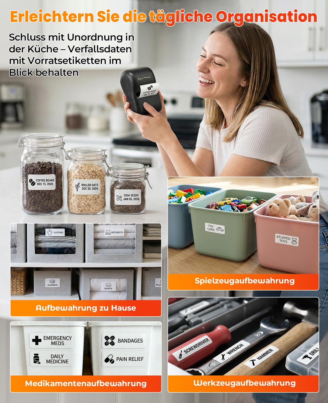 A421 Etikettendrucker für 40x15 bis 50x80 mm Etiketten, Vielseitige App mit 2000+ Symbolen und 300+ Schriftarten, Label Printer für Zuhause & Kleinunternehmen, Bluetooth Kompatibel mit iOS & Android