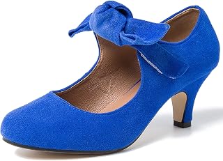 LIURUIJIA Women's Bow Heels Mary Jane Kitten Heel Pumps Round Toe Low Heels Ankle Strap Wedding Evening Party Dress Shoes