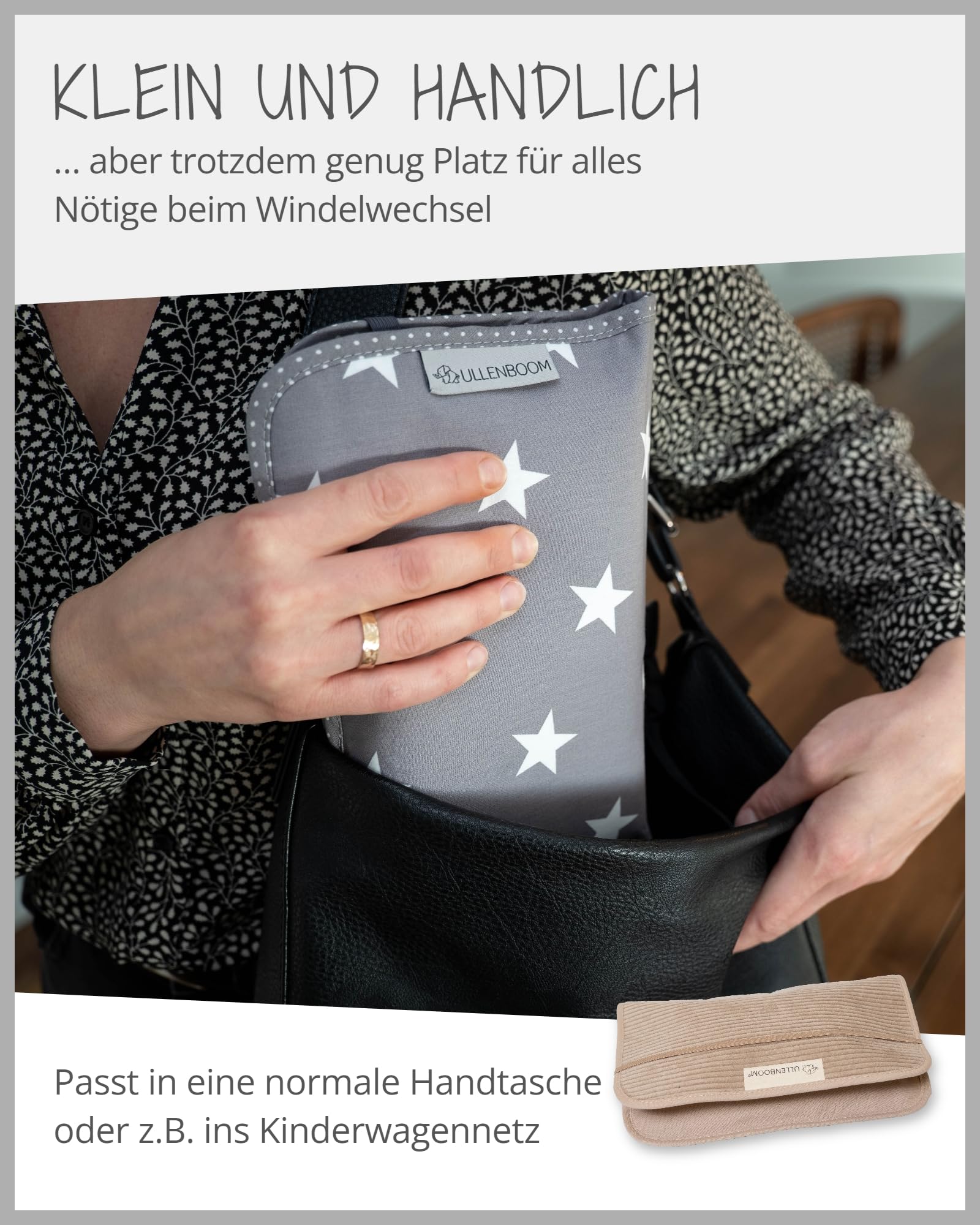 ULLENBOOM Windeltasche für unterwegs, Cord Sand, Made in EU - Wickeltasche für bis zu 3 Windeln, Feuchttücher & weiteres Zubehör, Ideal als Wickelorganiser für den Kinderwagen